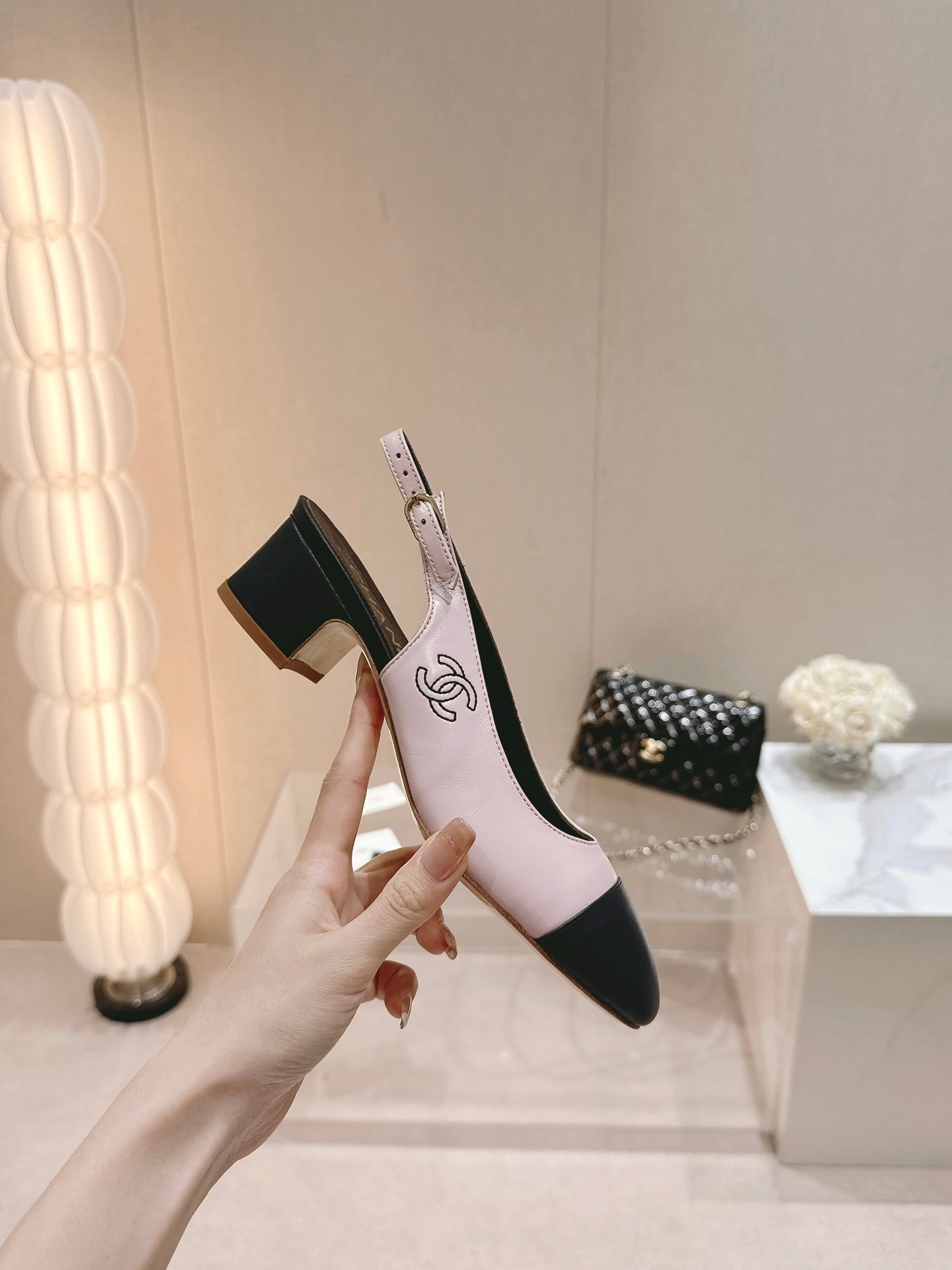 SLINGBACKS LIGHT PINK MIX BLACK SHEEPSKIN - 35