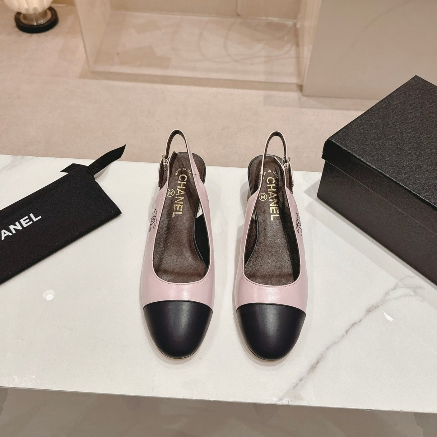 SLINGBACKS LIGHT PINK MIX BLACK SHEEPSKIN - 35