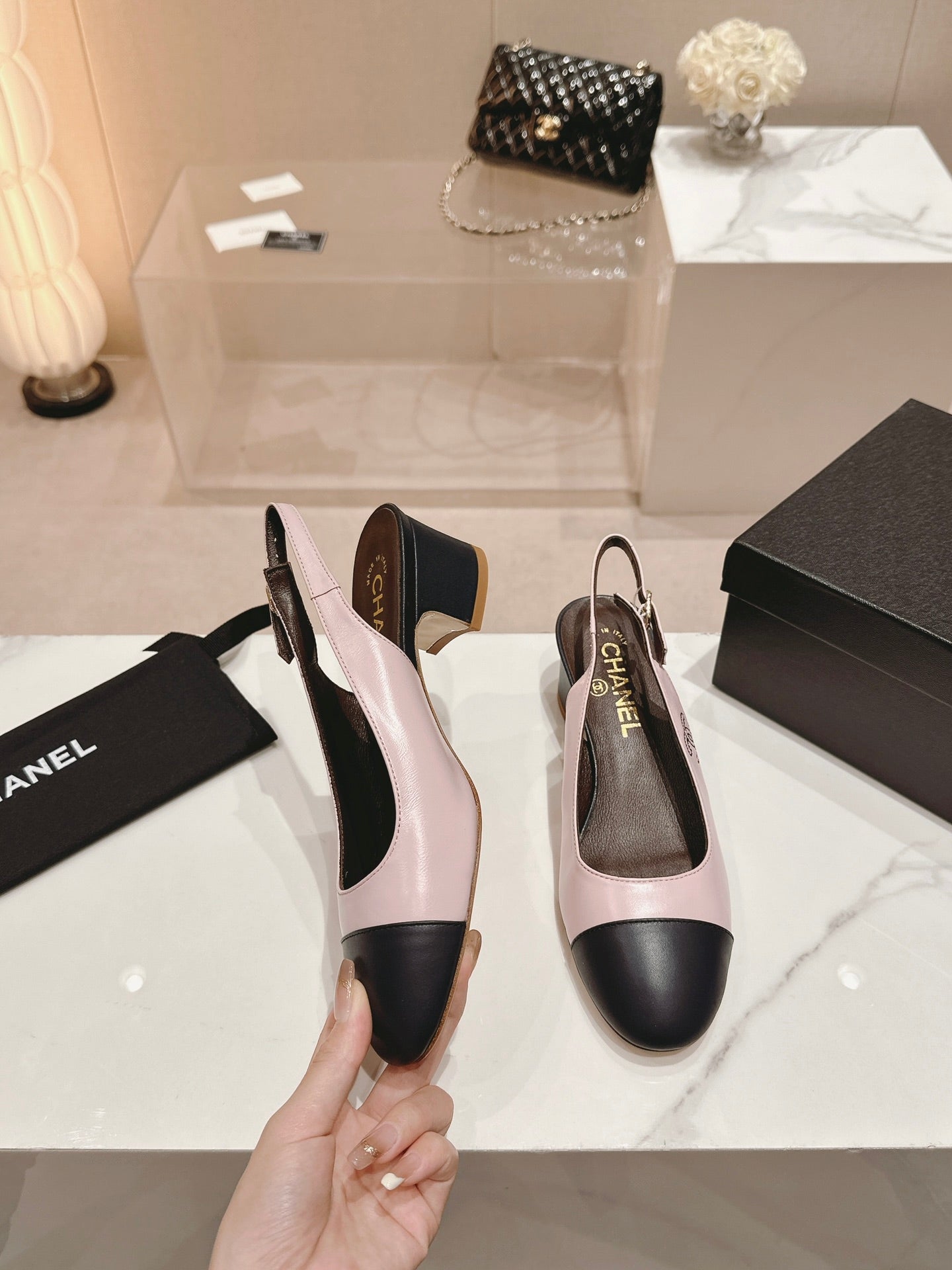 SLINGBACKS LIGHT PINK MIX BLACK SHEEPSKIN - 35