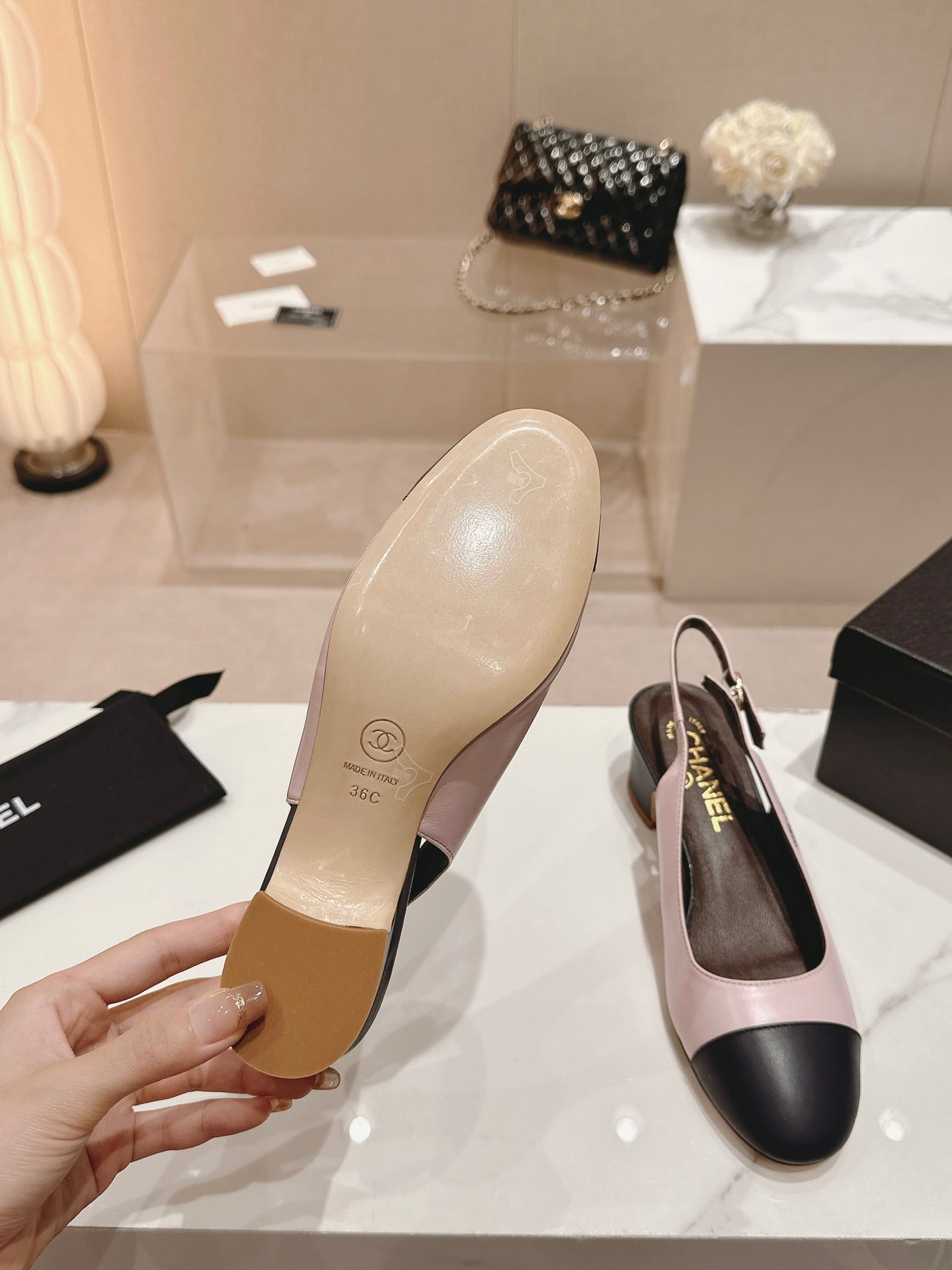 SLINGBACKS LIGHT PINK MIX BLACK SHEEPSKIN - 35