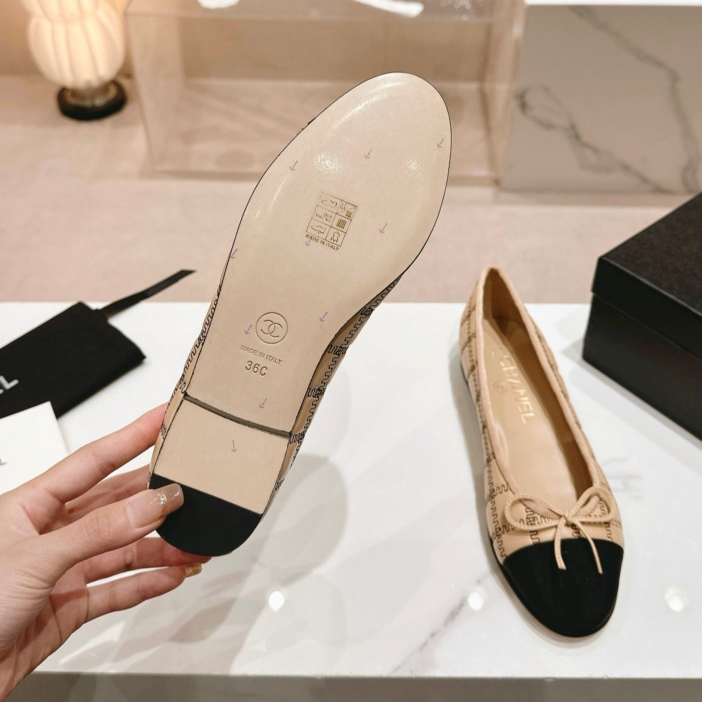 Double C New Ballet Flats Dark Cream Black Lambskin - 34