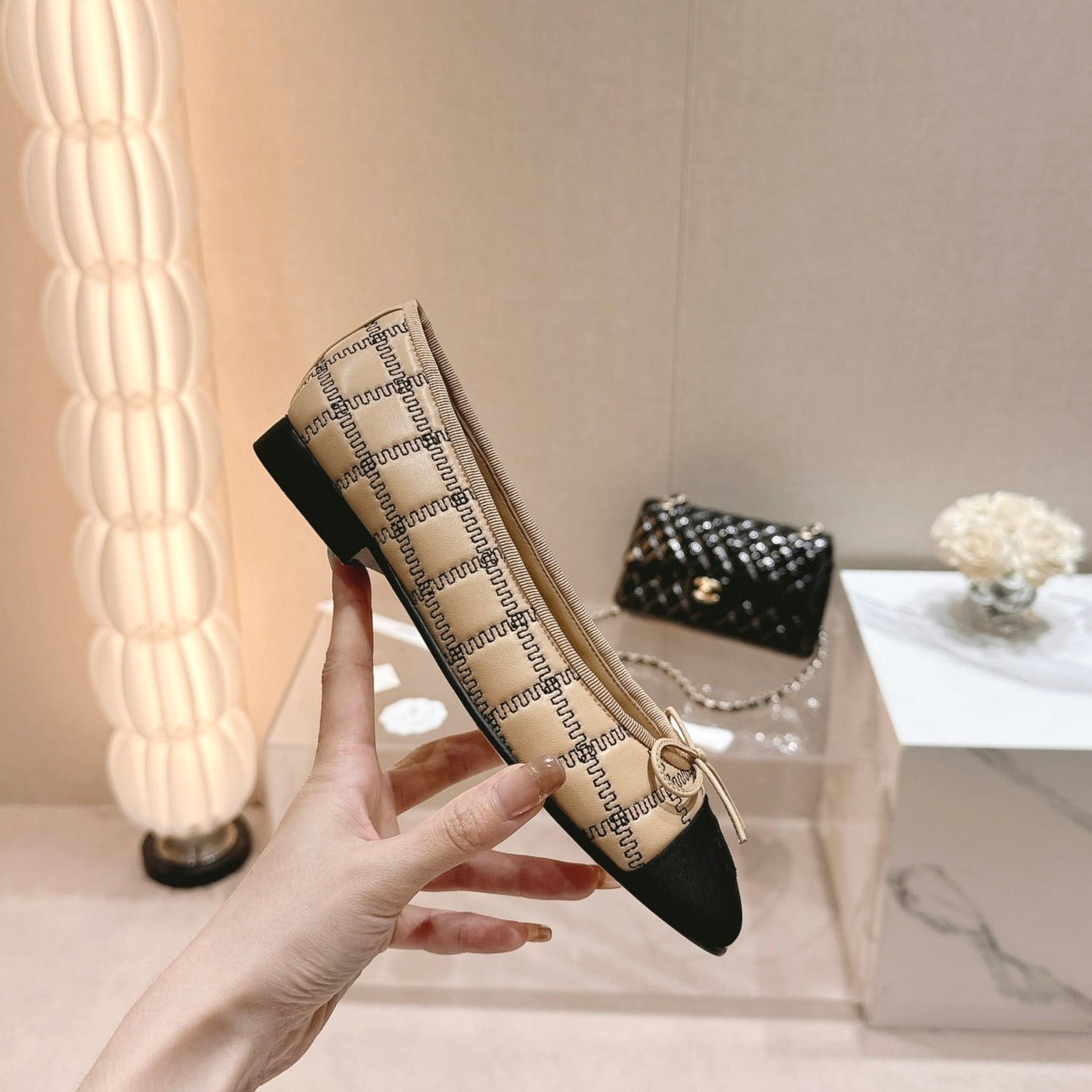 Double C New Ballet Flats Dark Cream Black Lambskin - 34