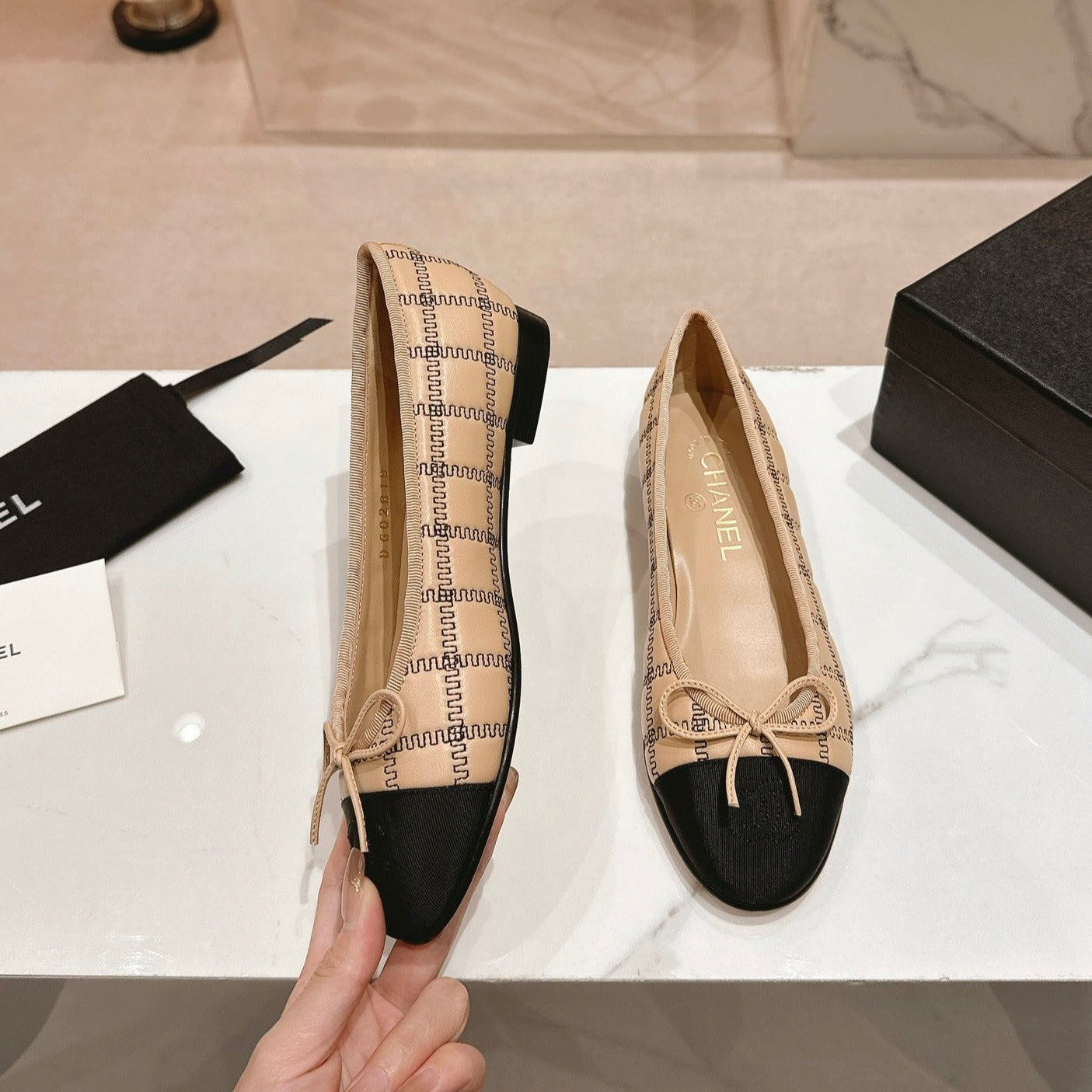 Double C New Ballet Flats Dark Cream Black Lambskin - 34