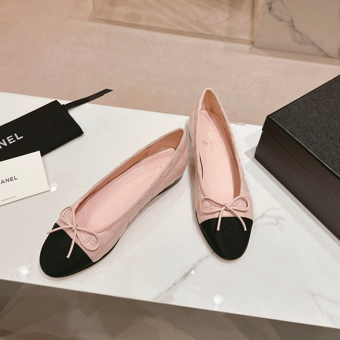 Double C New Ballet Flats Light Pink Black Lambskin - 34