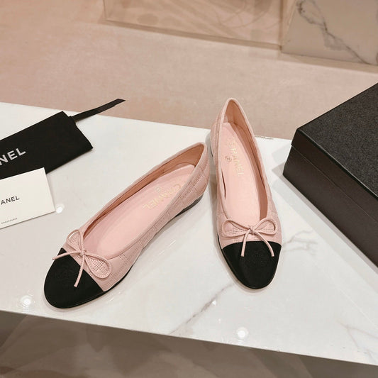 Double C New Ballet Flats Light Pink Black Lambskin - 34