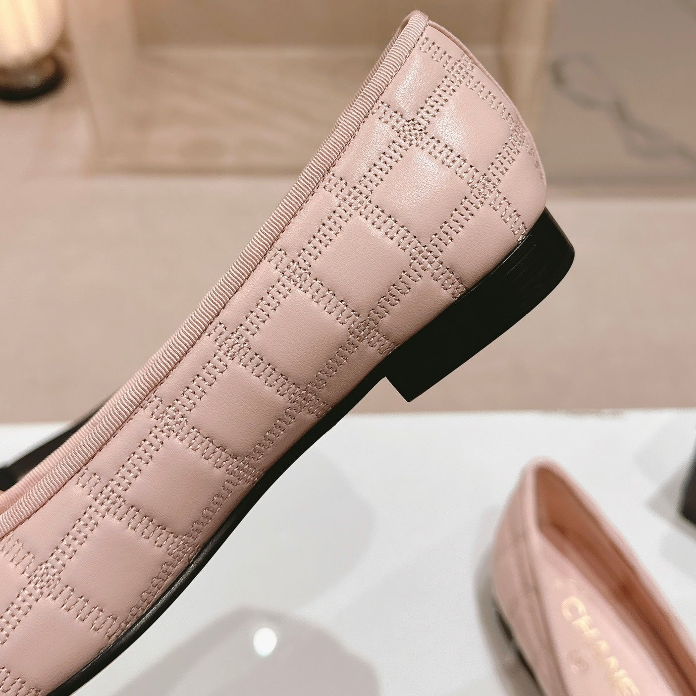 Double C New Ballet Flats Light Pink Black Lambskin - 34
