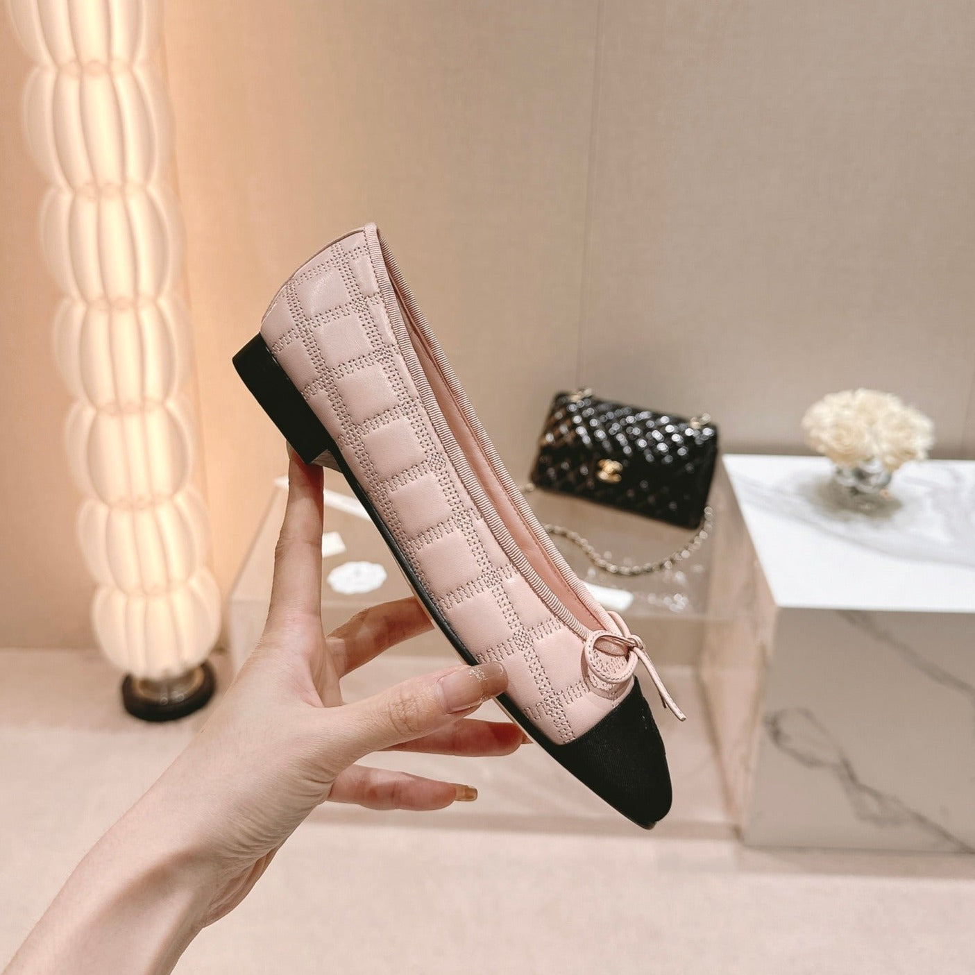 Double C New Ballet Flats Light Pink Black Lambskin - 34