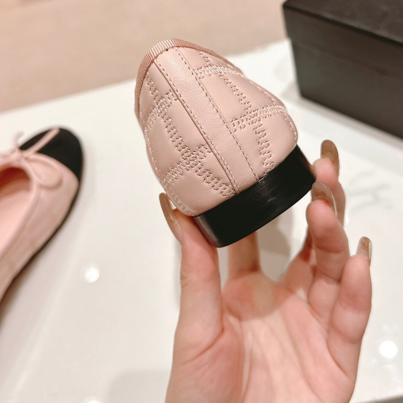 Double C New Ballet Flats Light Pink Black Lambskin - 34