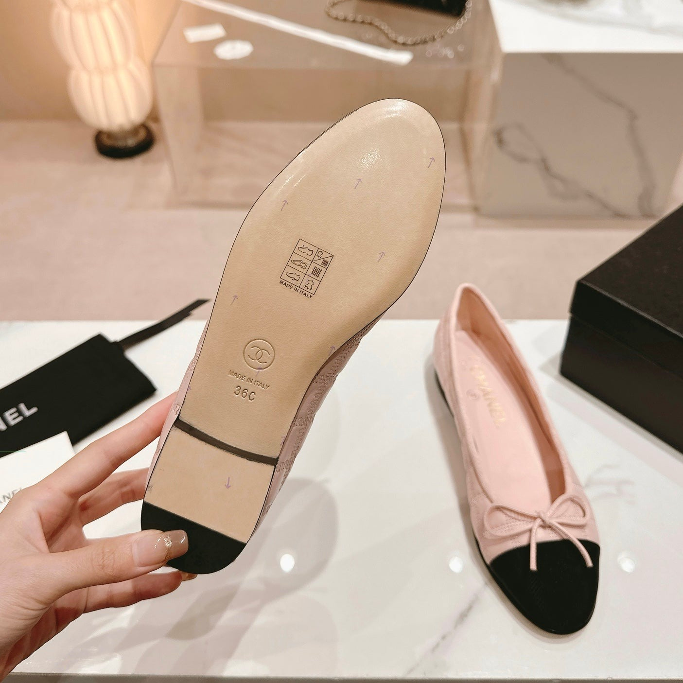 Double C New Ballet Flats Light Pink Black Lambskin - 34