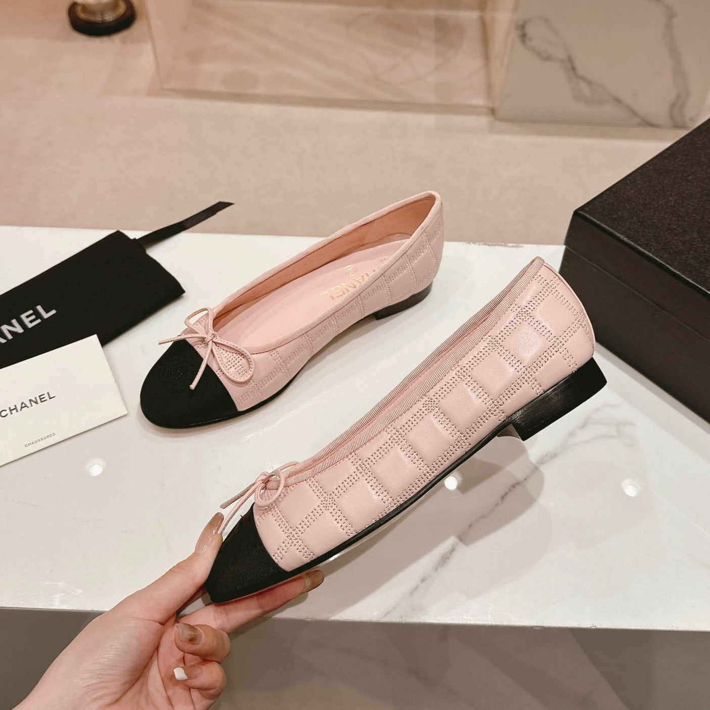 Double C New Ballet Flats Light Pink Black Lambskin - 34
