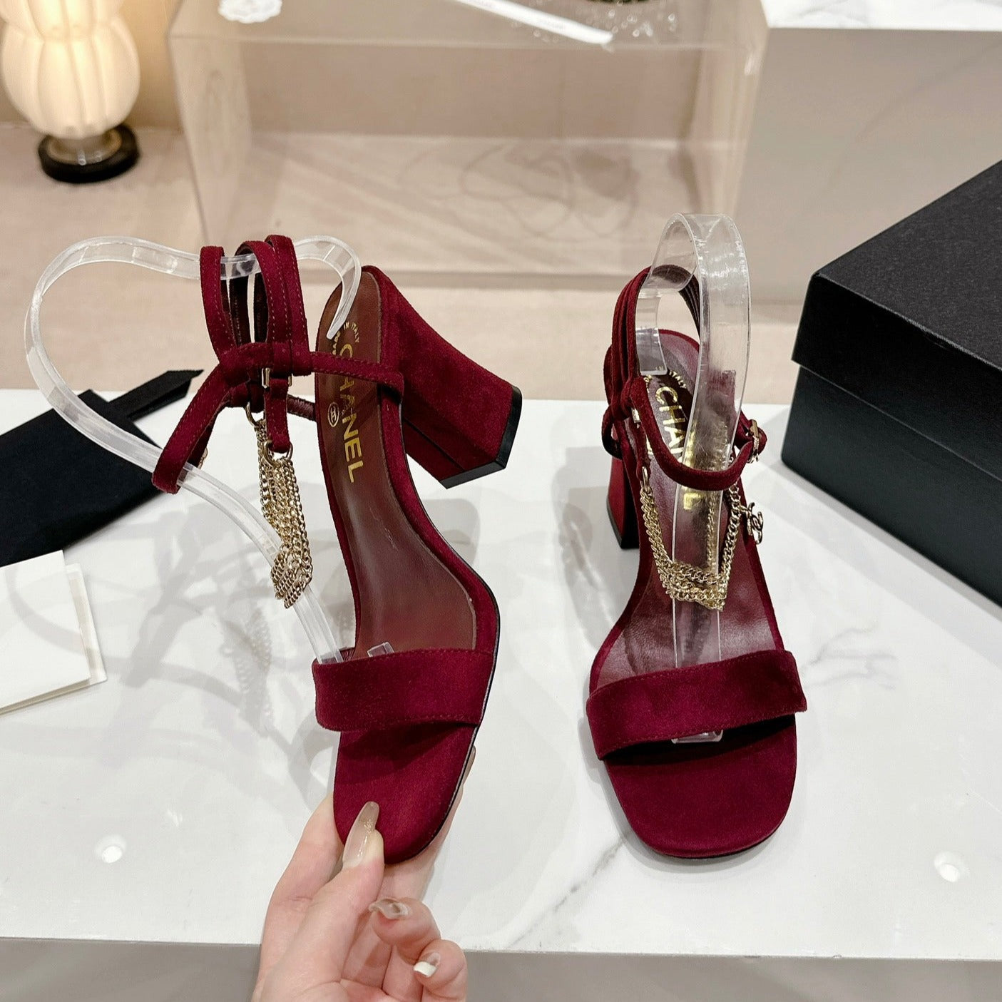 Double C Leather High Heel Sandals Red Cherry - 35