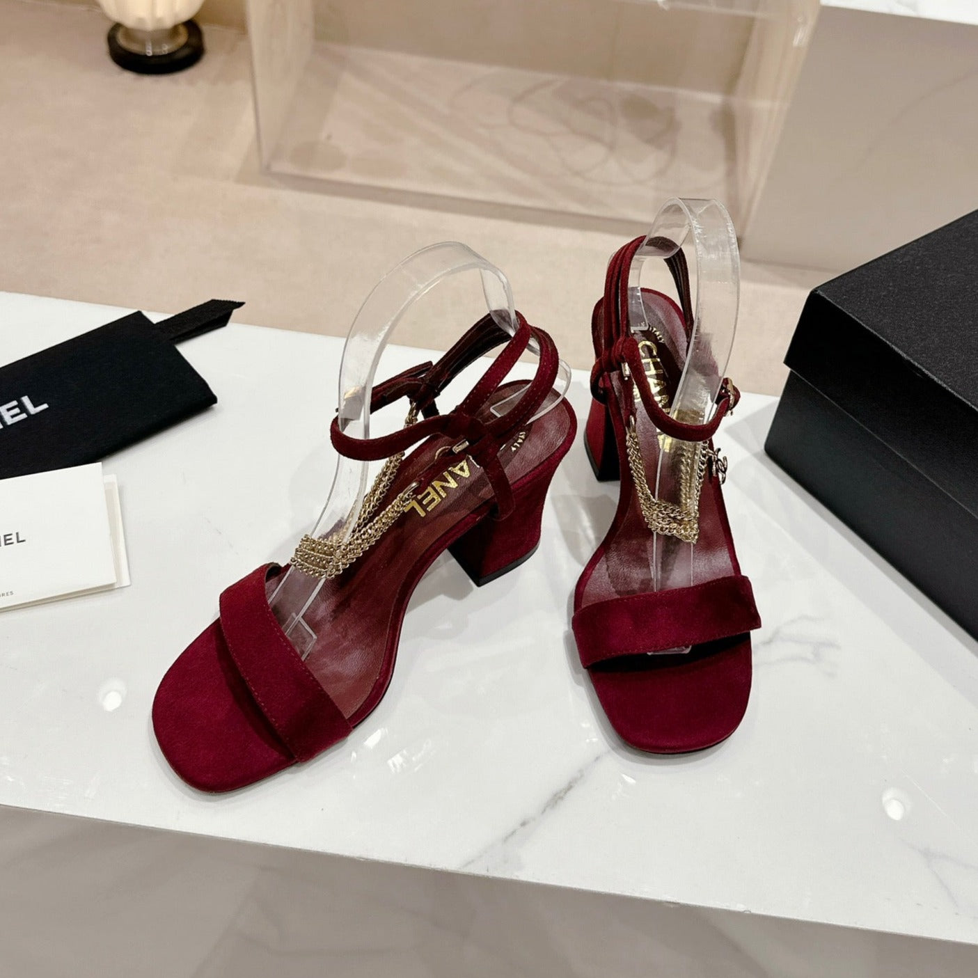 Double C Leather High Heel Sandals Red Cherry - 35