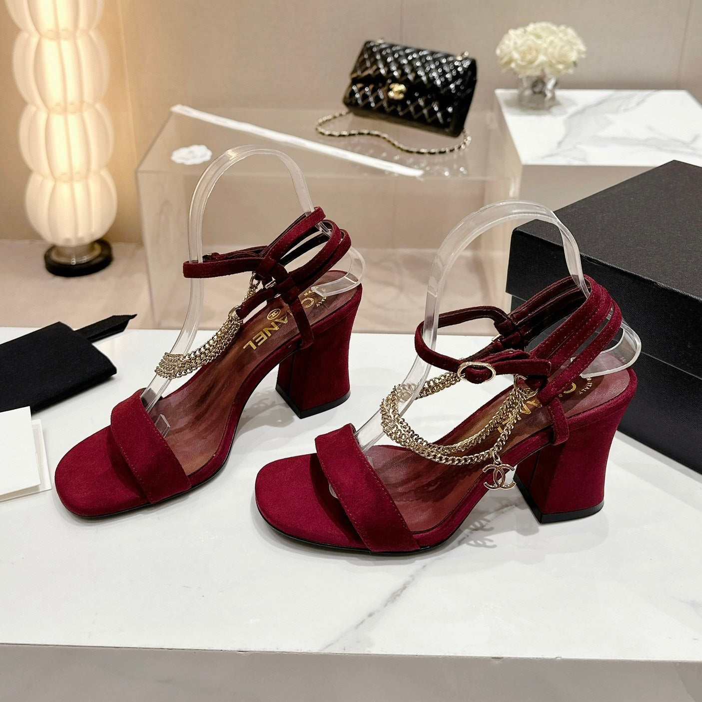 Double C Leather High Heel Sandals Red Cherry - 35