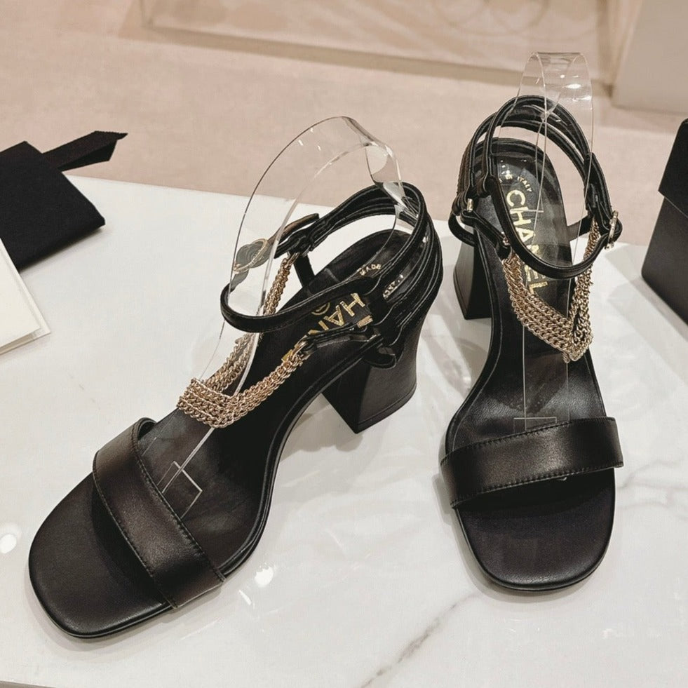 Double C Leather High Heel Sandals Black - 35