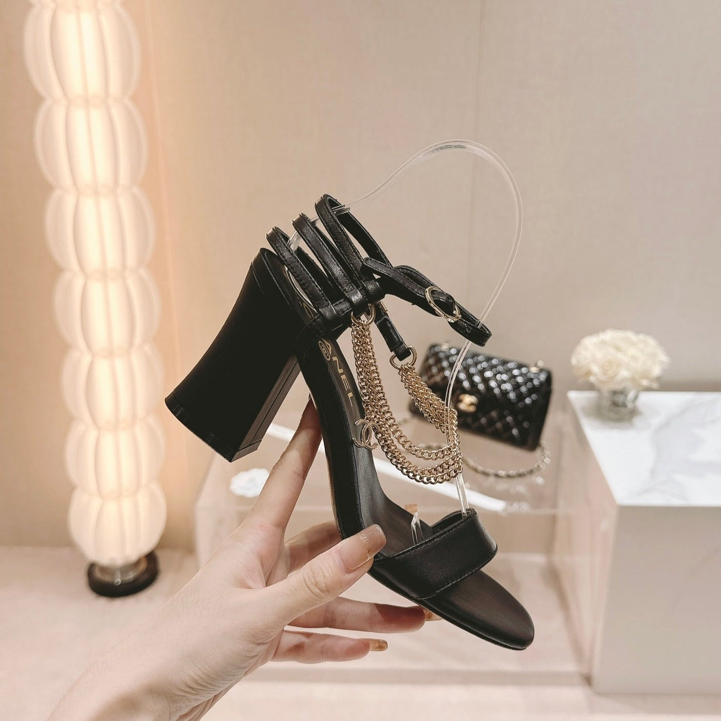 Double C Leather High Heel Sandals Black - 35