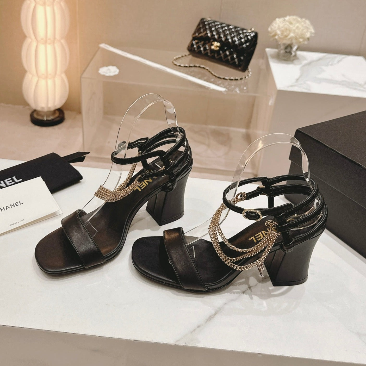 Double C Leather High Heel Sandals Black - 35