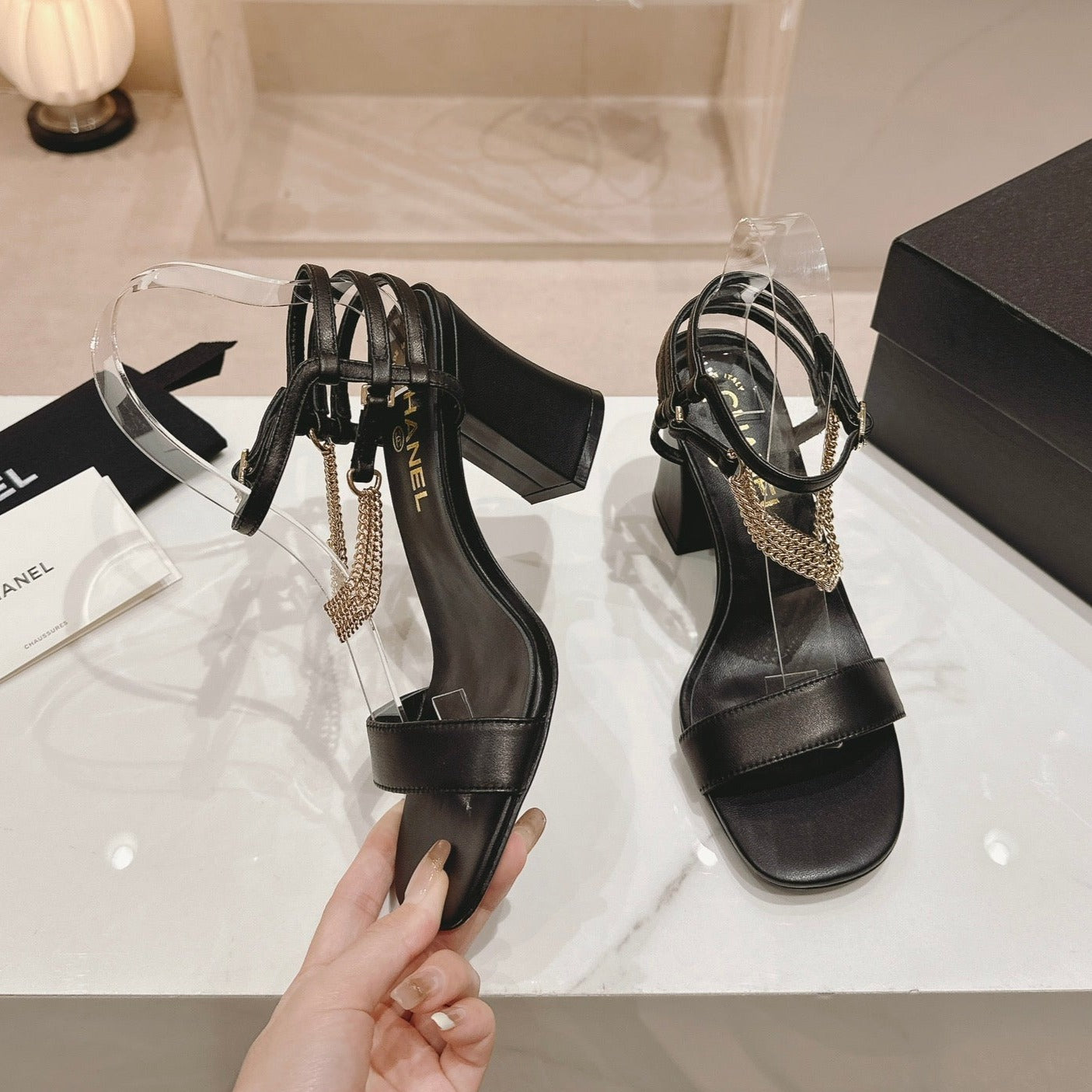 Double C Leather High Heel Sandals Black - 35