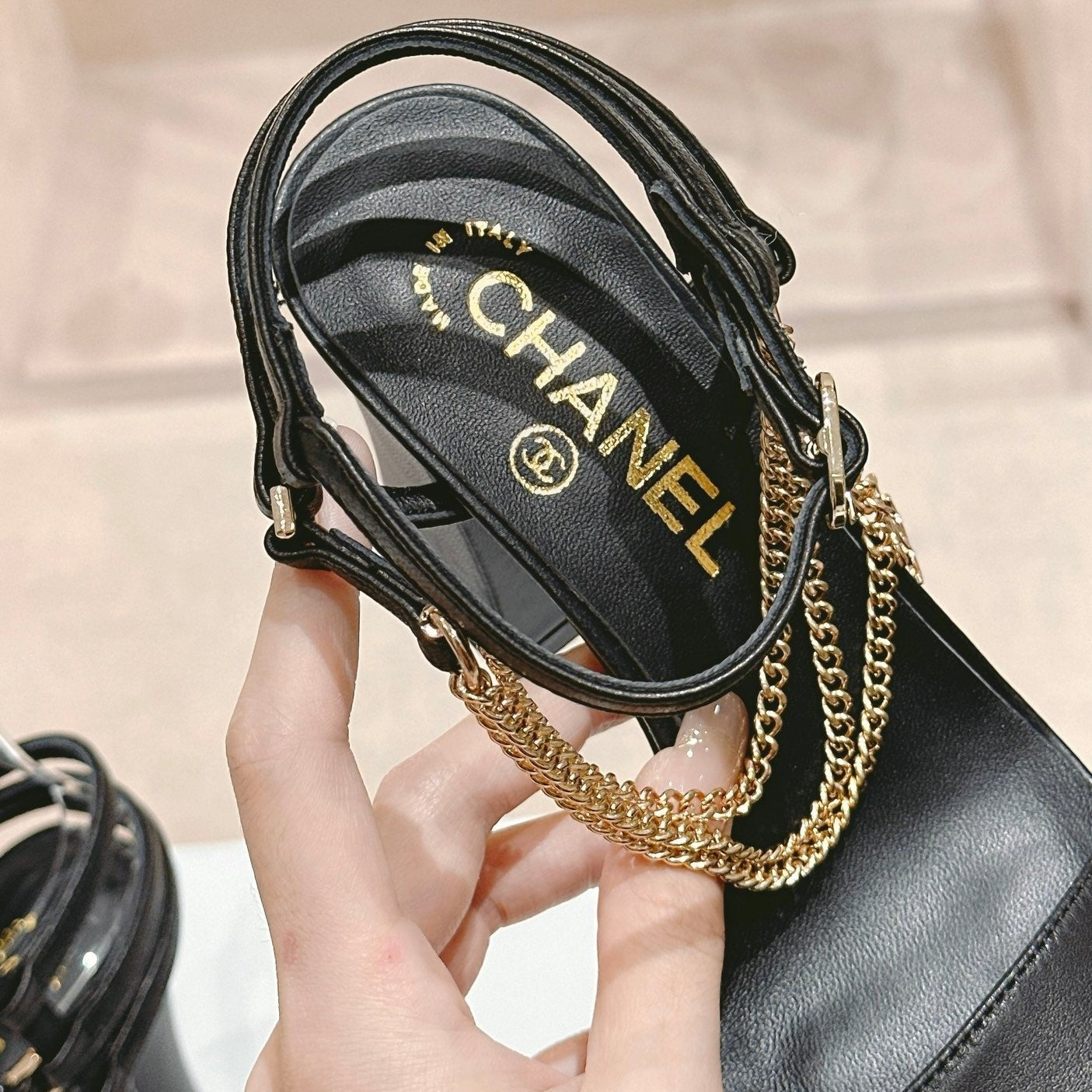 Double C Leather High Heel Sandals Black - 35