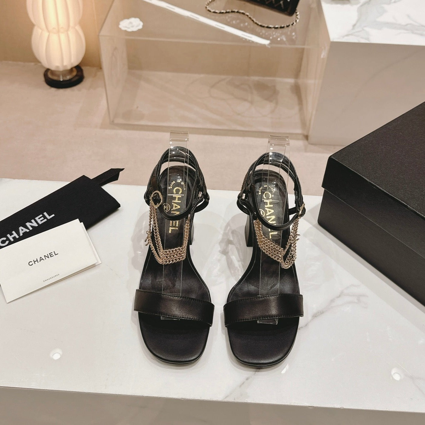 Double C Leather High Heel Sandals Black - 35