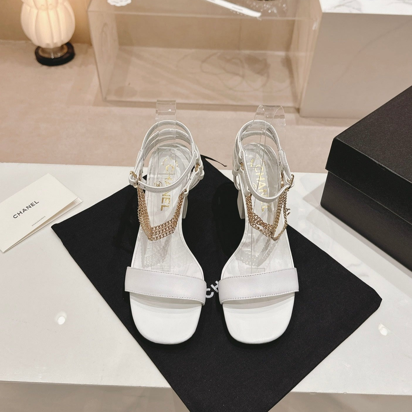 Double C Leather High Heel Sandals White - 35
