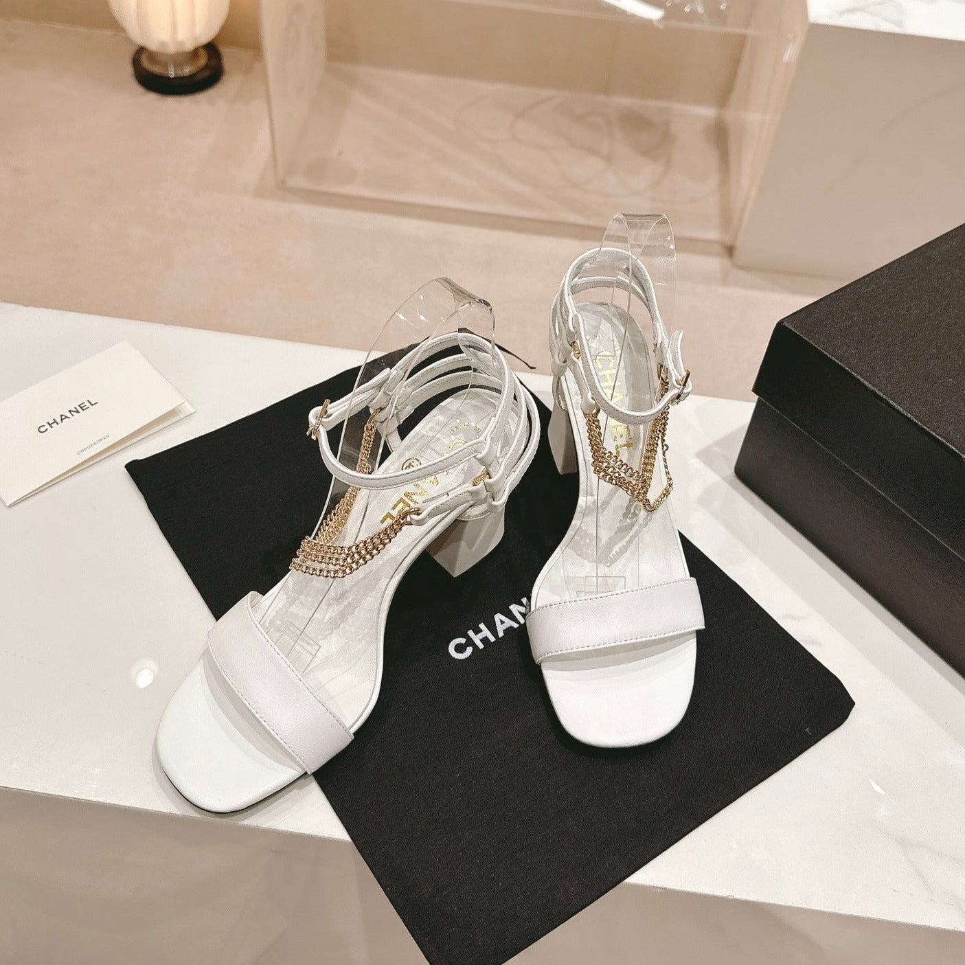 Double C Leather High Heel Sandals White - 35