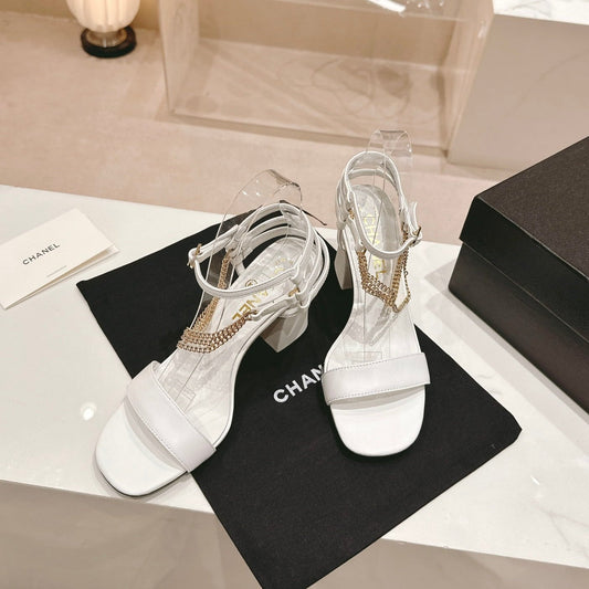 Double C Leather High Heel Sandals White - 35