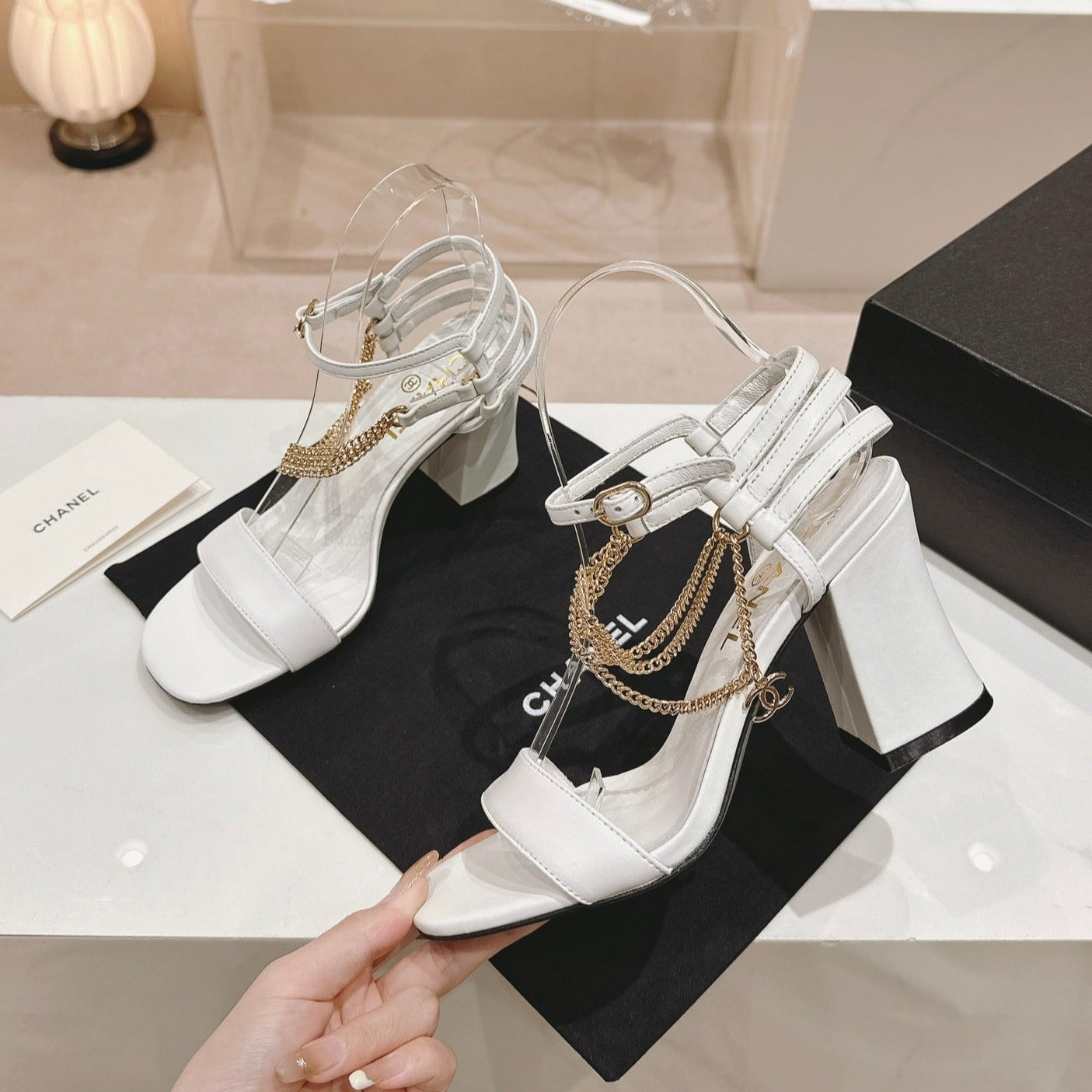 Double C Leather High Heel Sandals White - 35