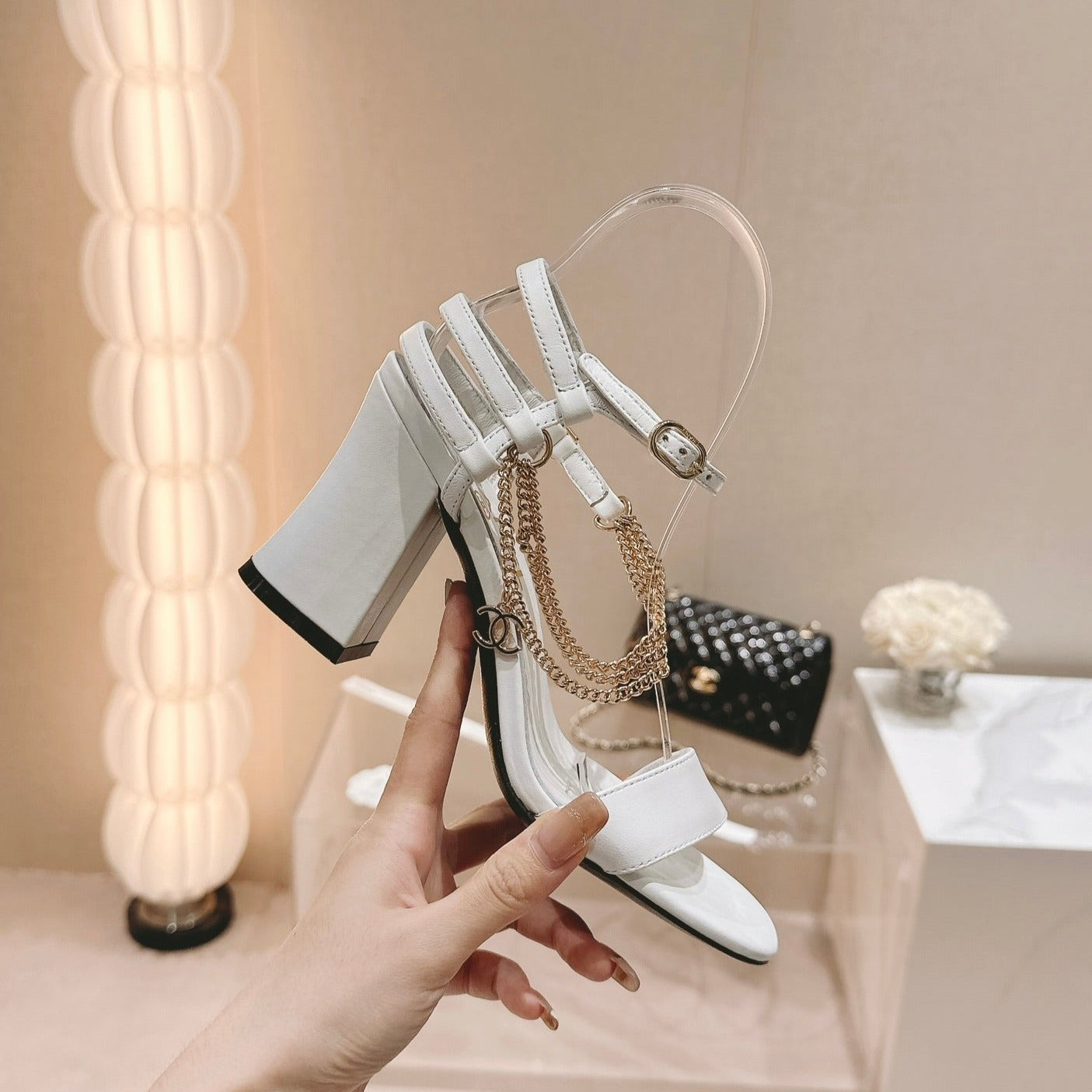 Double C Leather High Heel Sandals White - 35
