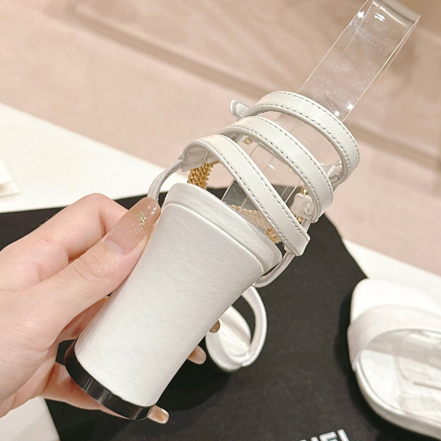 Double C Leather High Heel Sandals White - 35