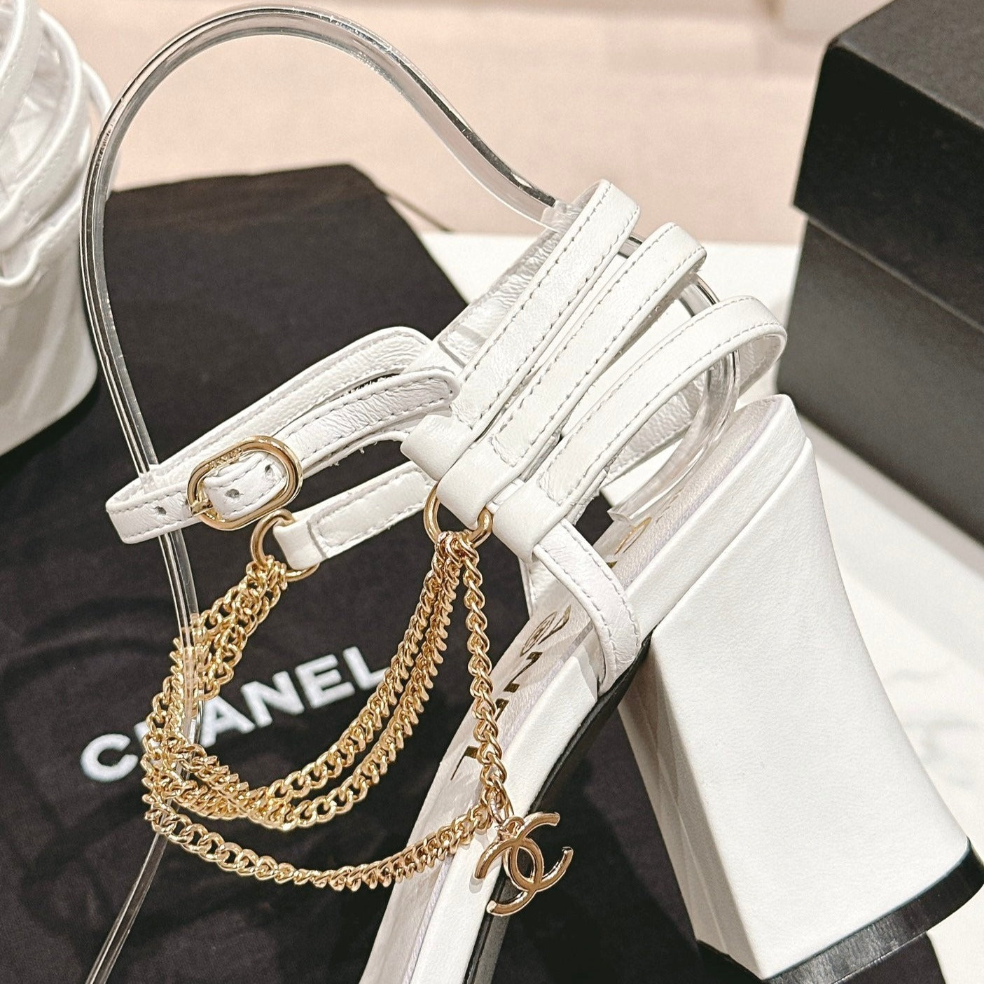 Double C Leather High Heel Sandals White - 35