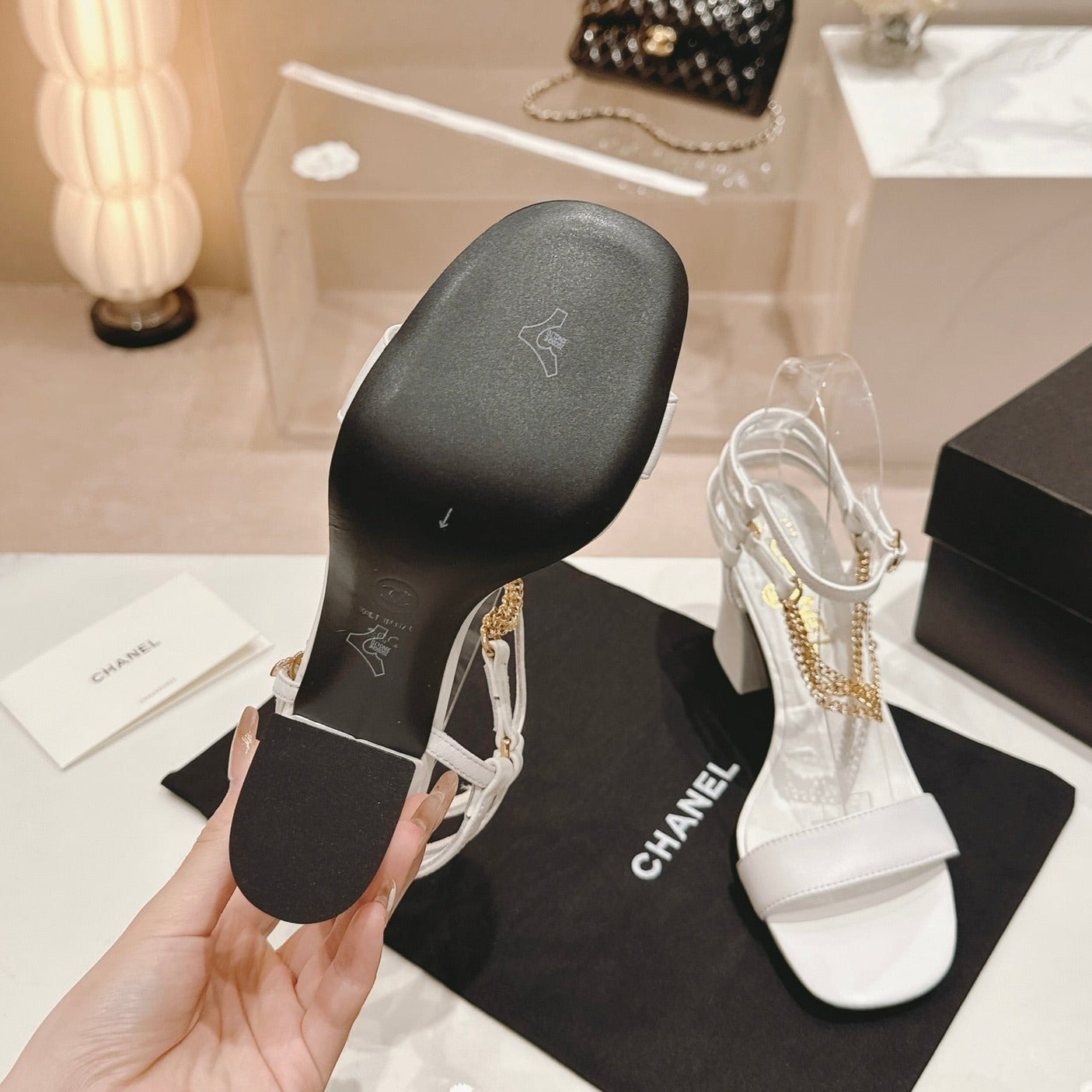 Double C Leather High Heel Sandals White - 35