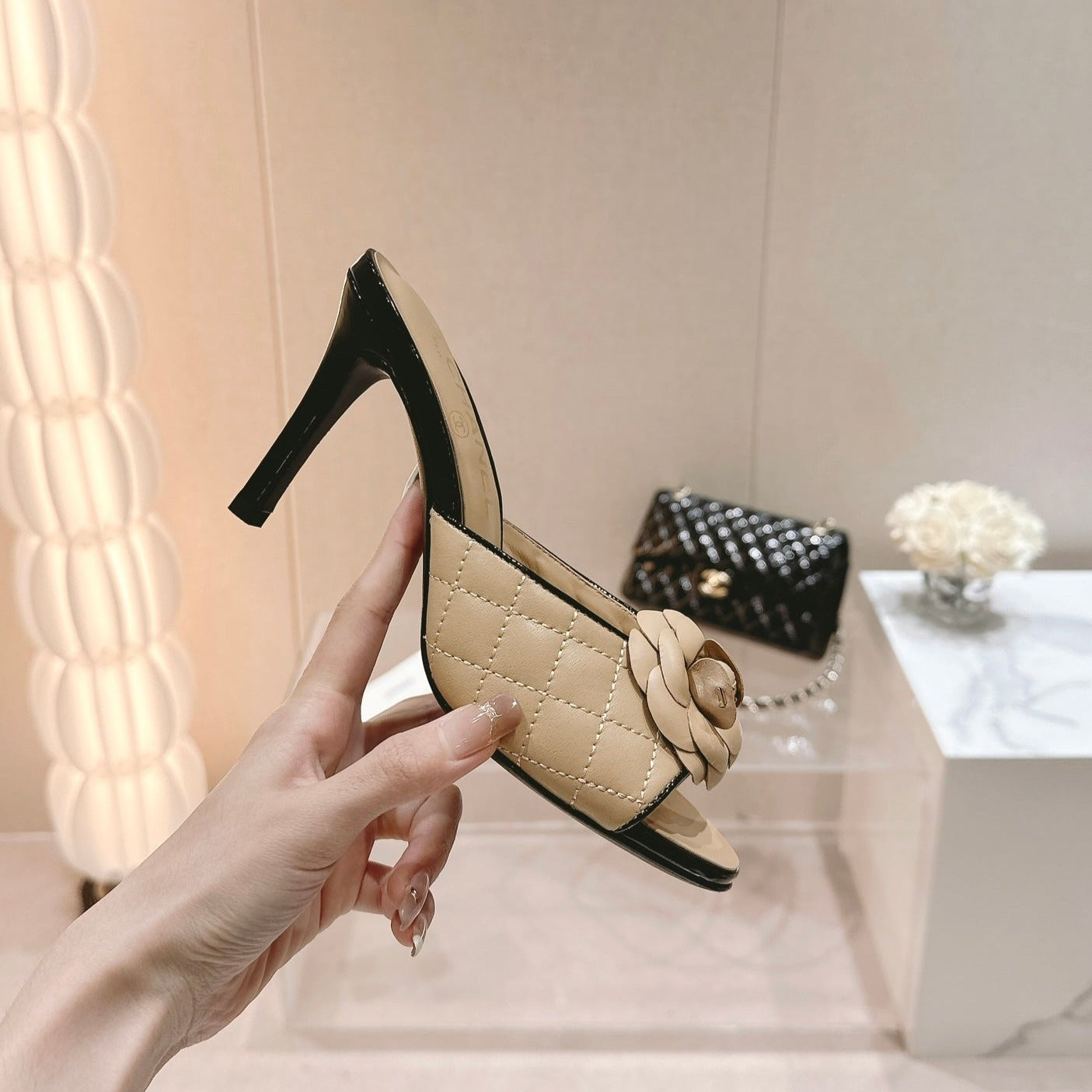 Double C New Camellia High Heel Beige Cream - 35