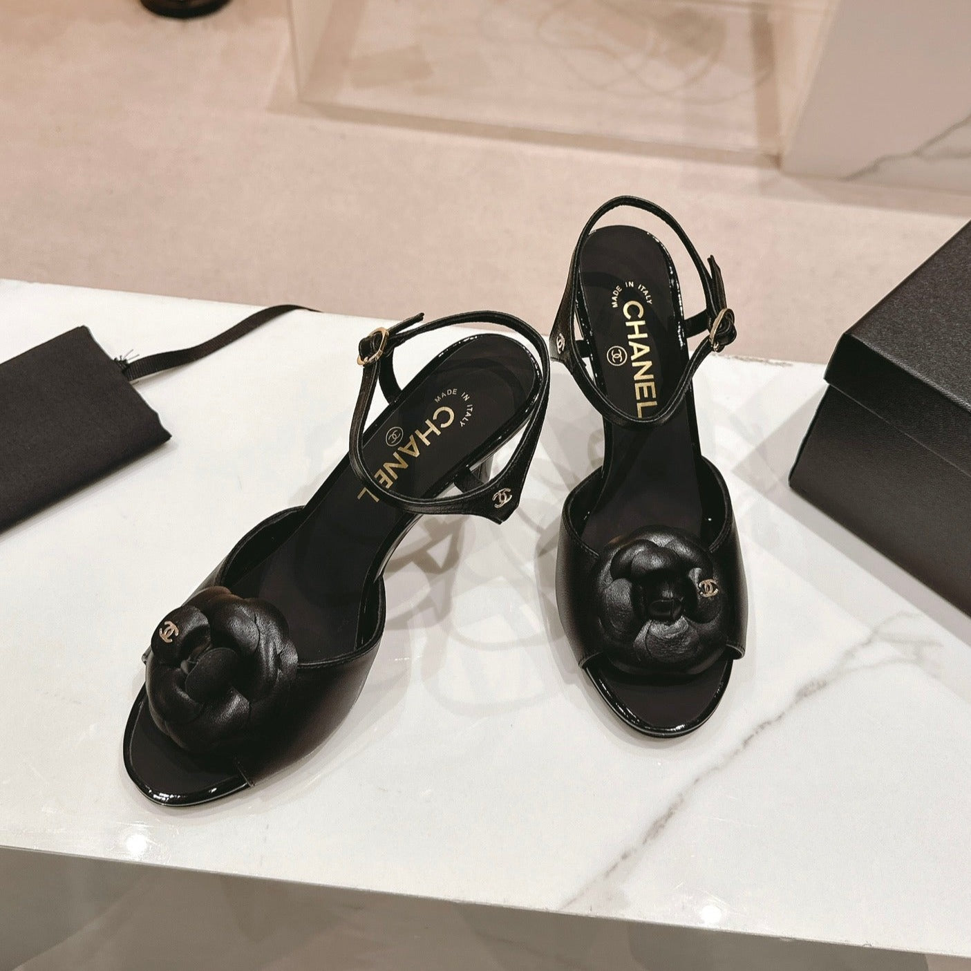Double C New Camellia High Heel Sandals Black - 35