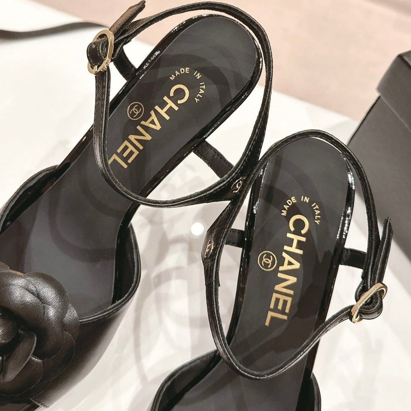 Double C New Camellia High Heel Sandals Black - 35