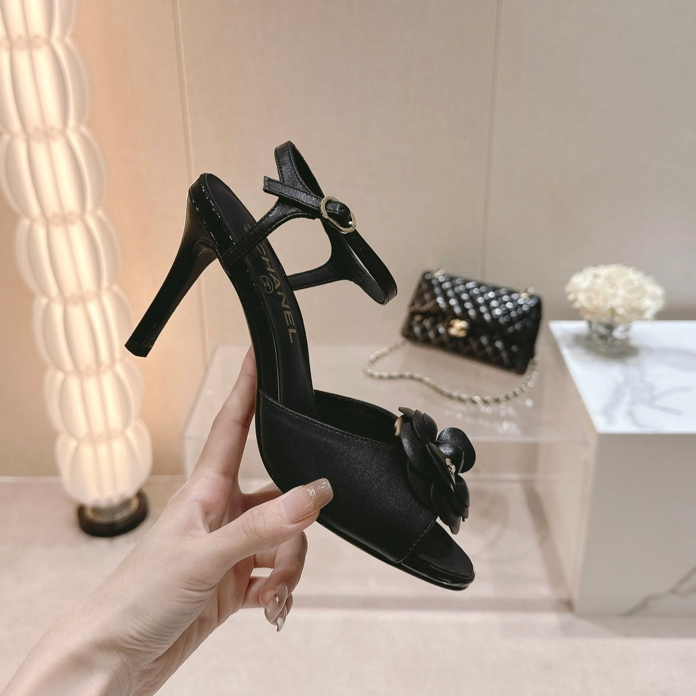 Double C New Camellia High Heel Sandals Black - 35