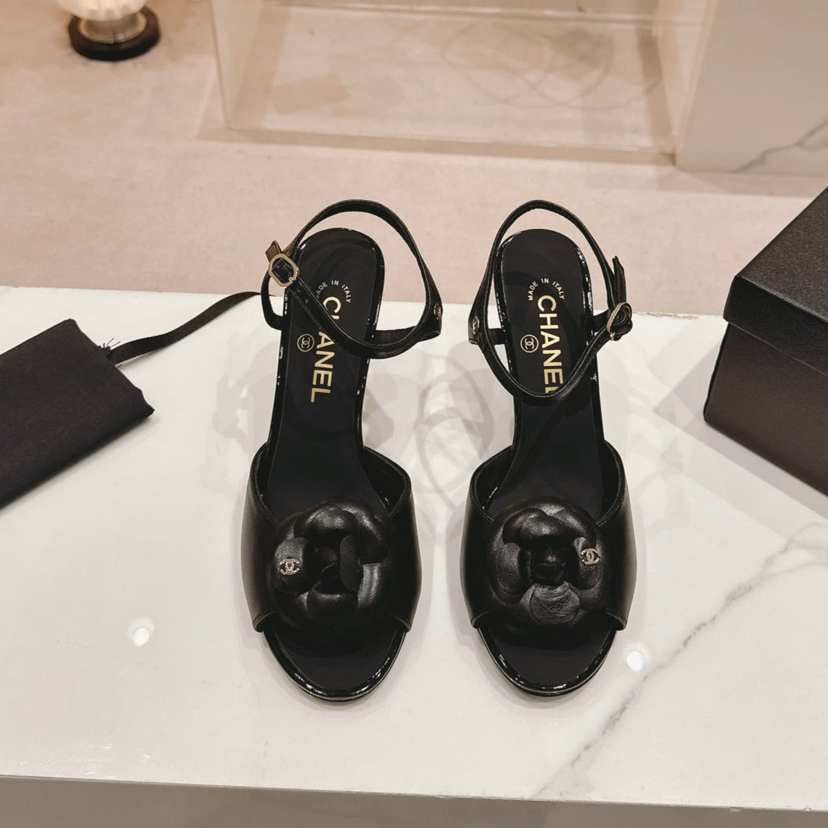 Double C New Camellia High Heel Sandals Black - 35
