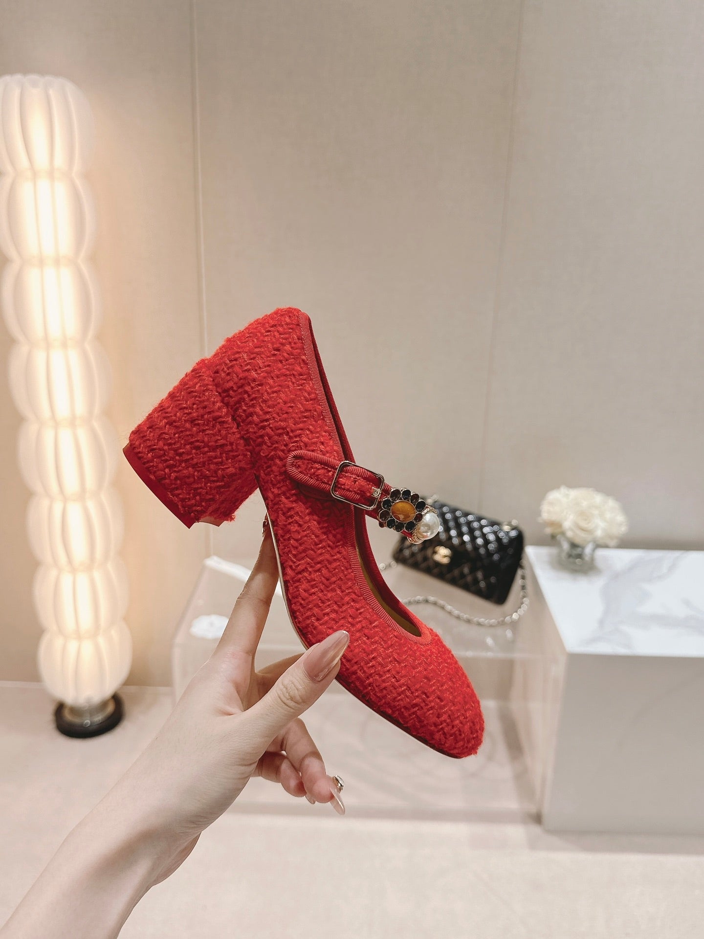 HIGH MARY JANE SHOES RED PINK WOOL TWEED - 35