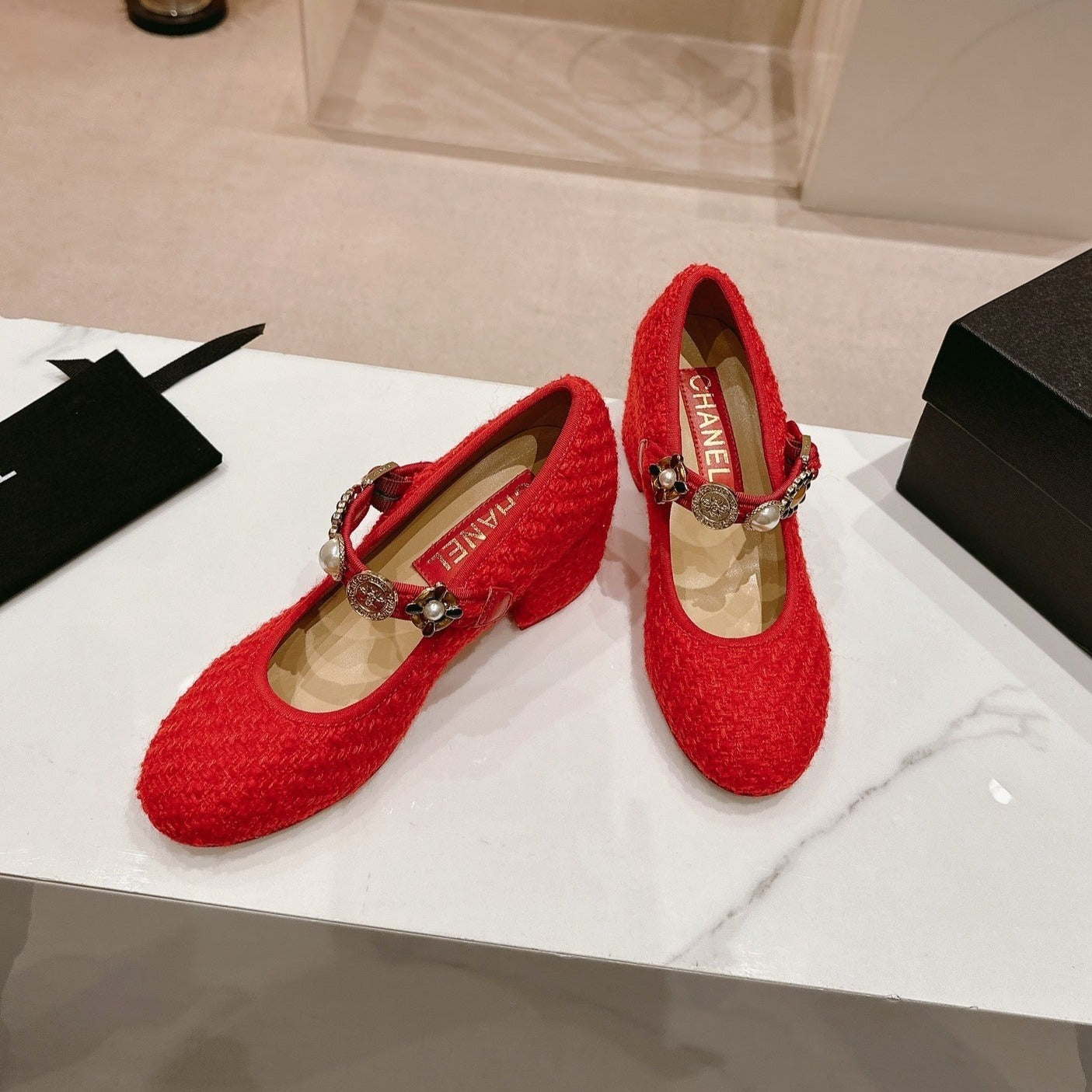 HIGH MARY JANE SHOES RED PINK WOOL TWEED - 35