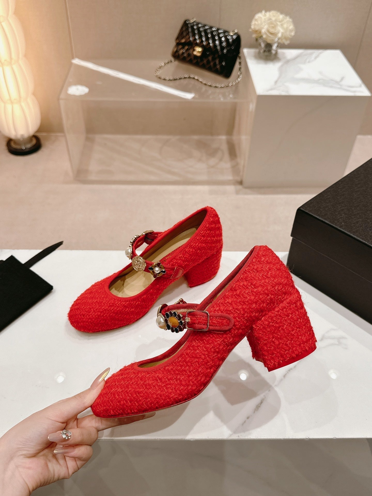 HIGH MARY JANE SHOES RED PINK WOOL TWEED - 35