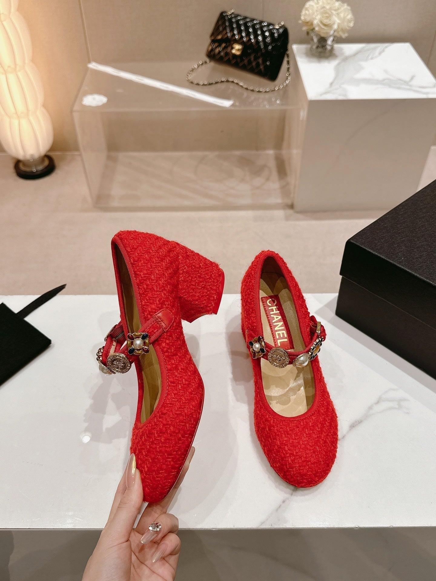 HIGH MARY JANE SHOES RED PINK WOOL TWEED - 35