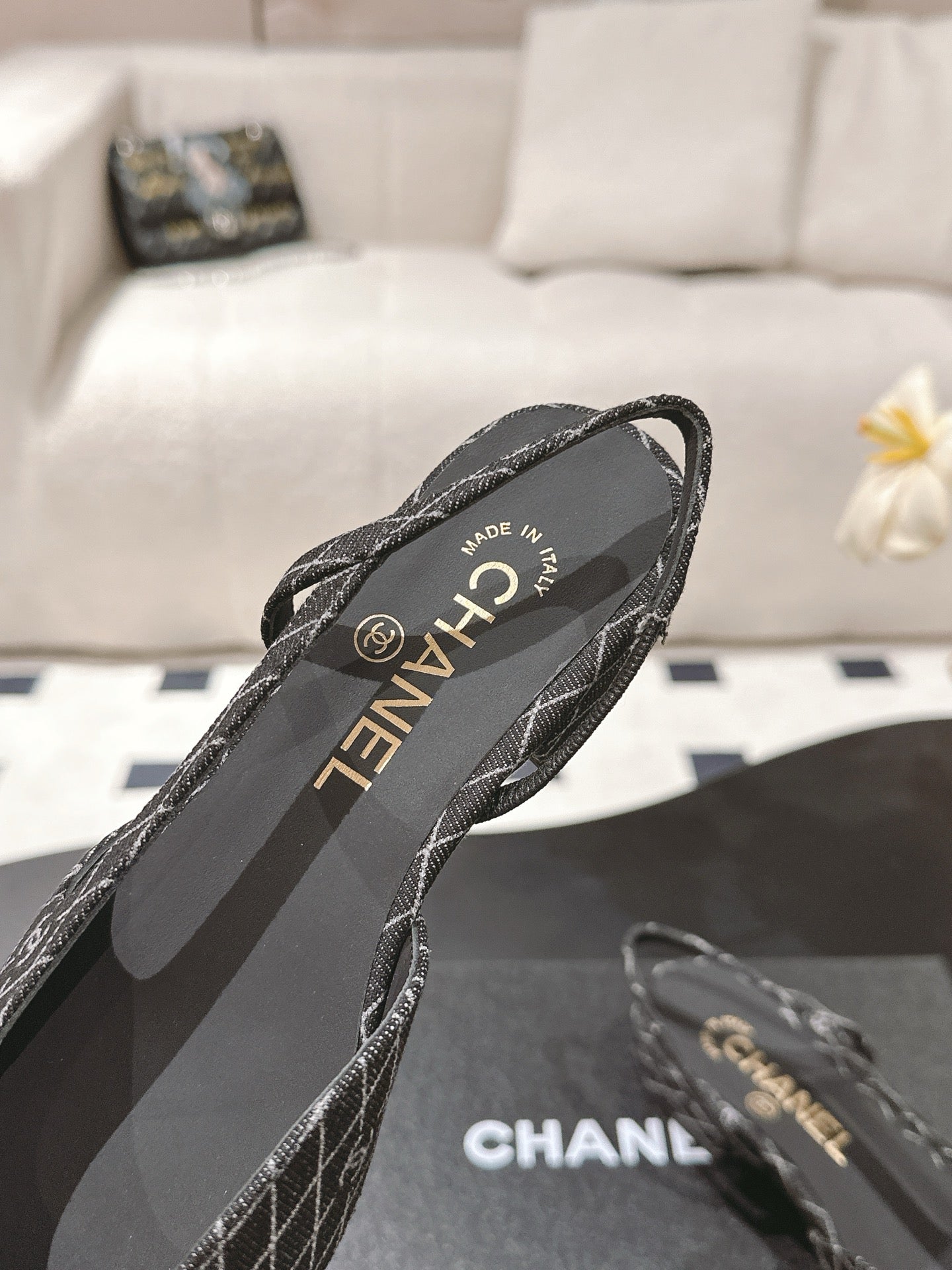 CC SLINGBACK 25S 25 MM IN BLACK DENIM WITH PLAID PATTERN - 35