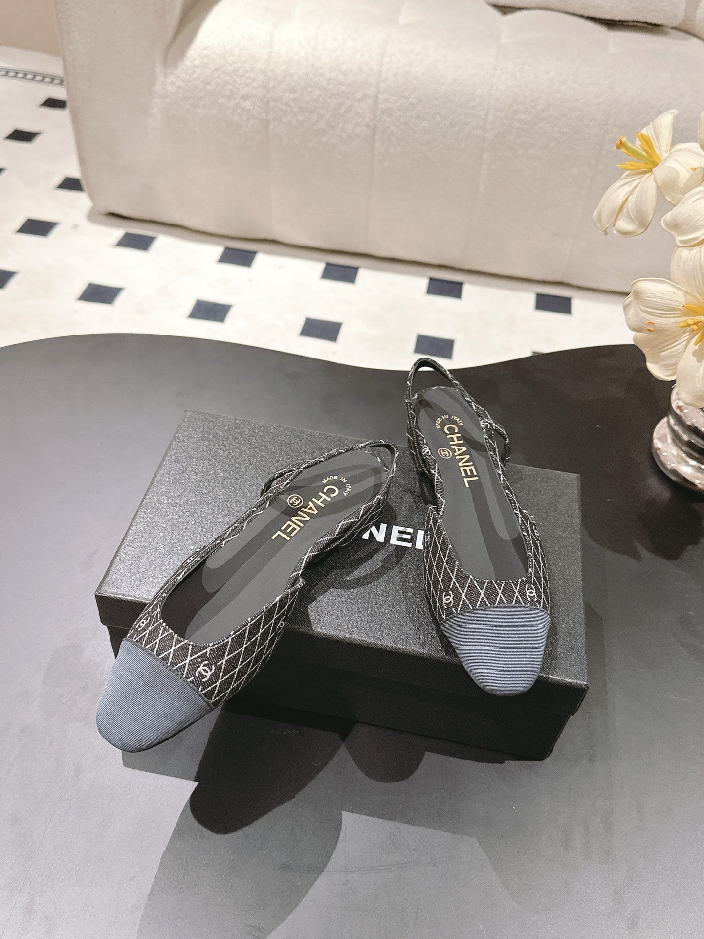 CC SLINGBACK 25S 25 MM IN BLACK DENIM WITH PLAID PATTERN - 35