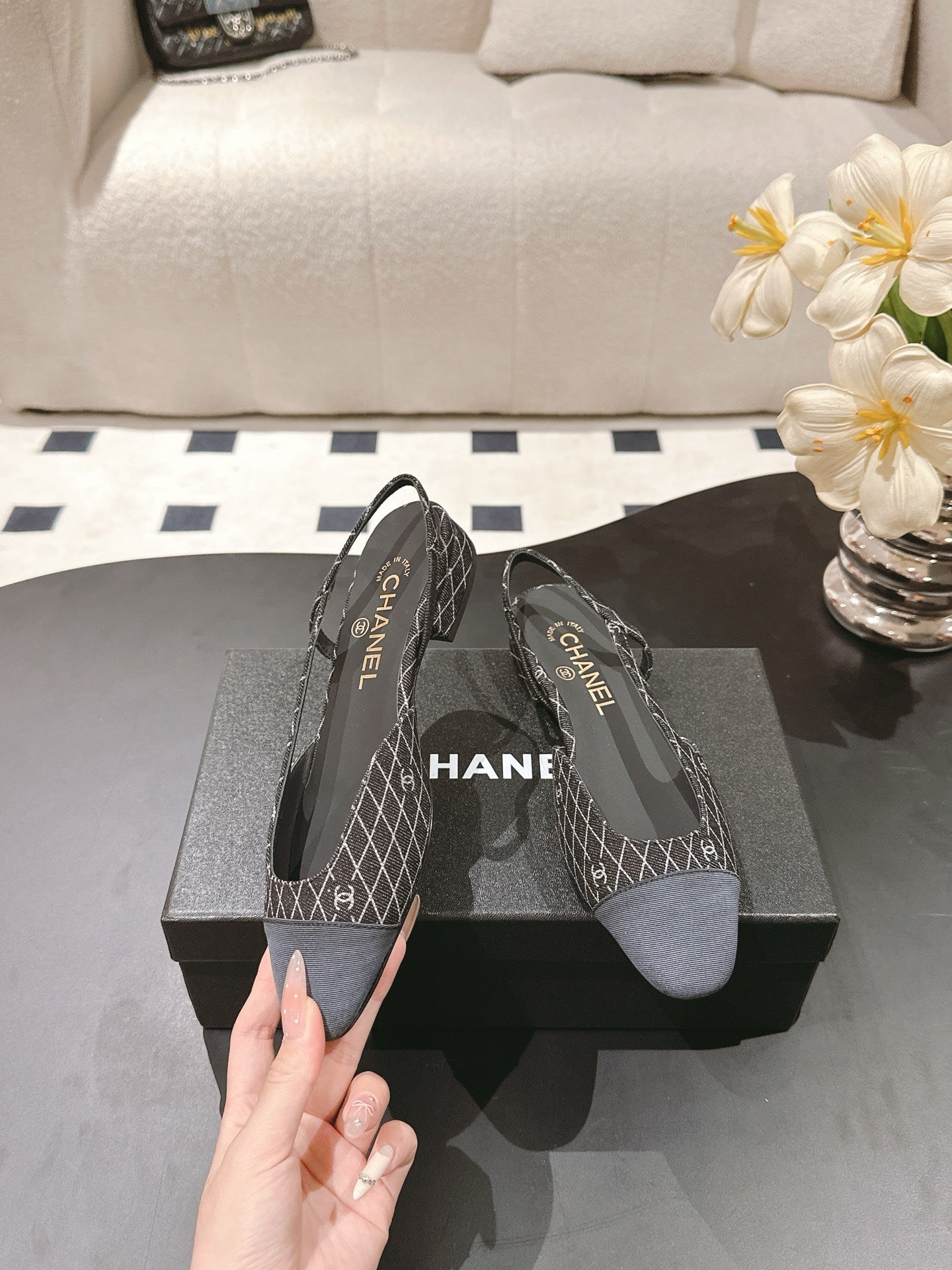 CC SLINGBACK 25S 25 MM IN BLACK DENIM WITH PLAID PATTERN - 35