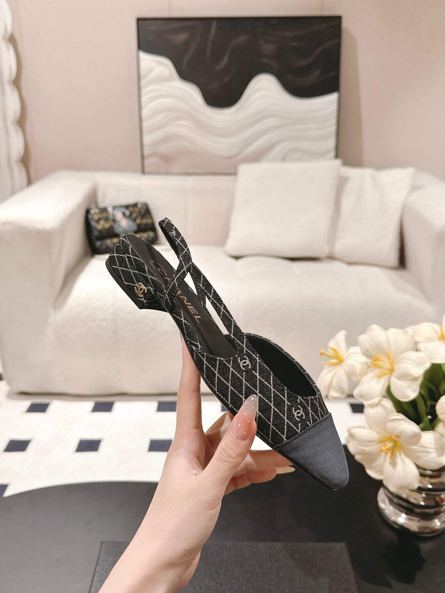 CC SLINGBACK 25S 25 MM IN BLACK DENIM WITH PLAID PATTERN - 35