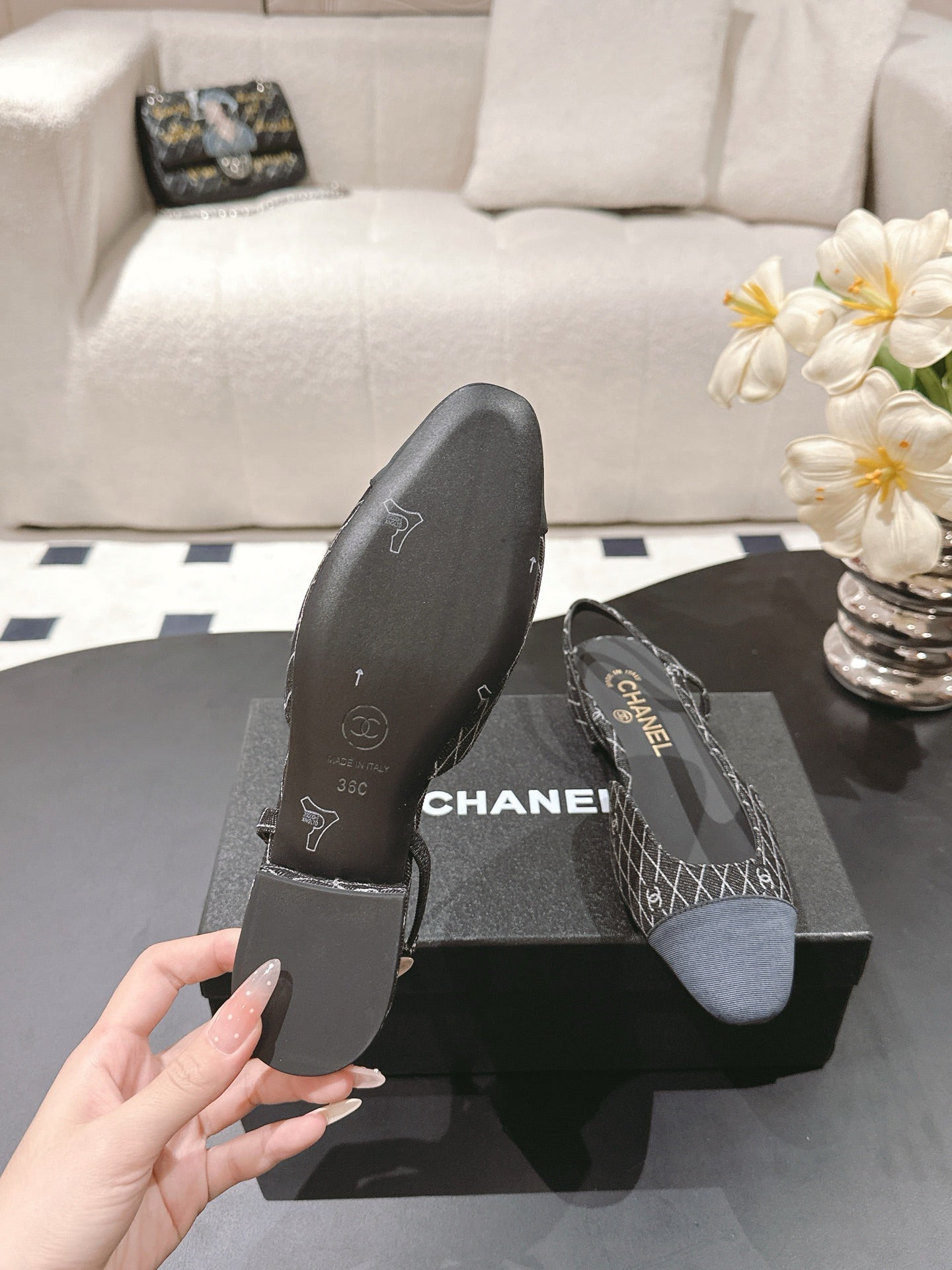 CC SLINGBACK 25S 25 MM IN BLACK DENIM WITH PLAID PATTERN - 35