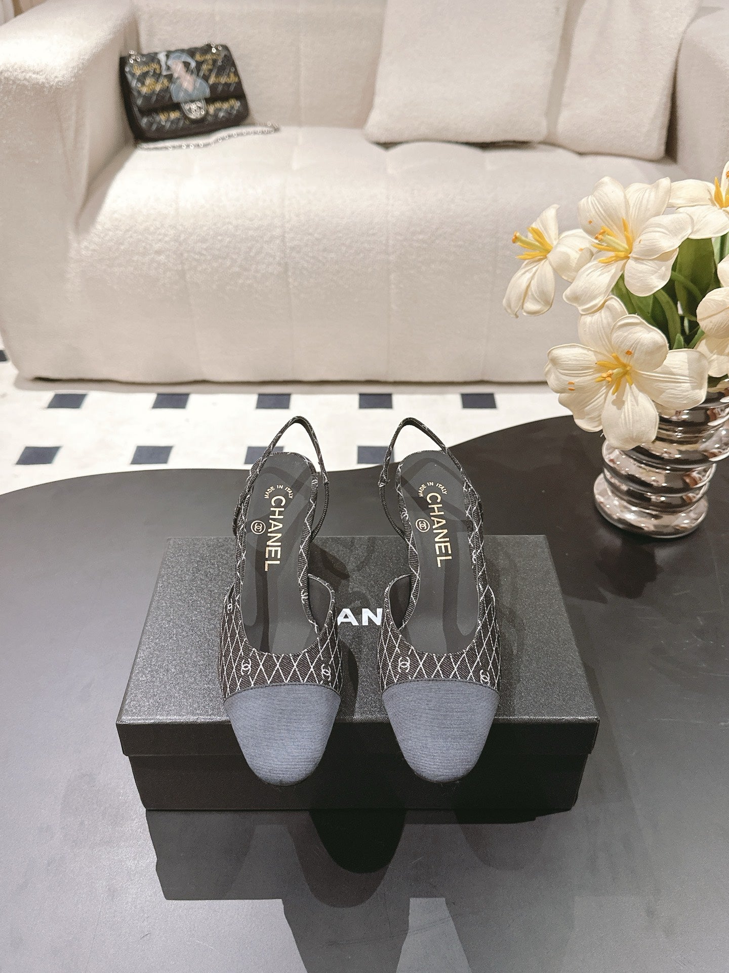 CC SLINGBACK 25S 65 MM IN BLACK DENIM WITH PLAID PATTERN - 35
