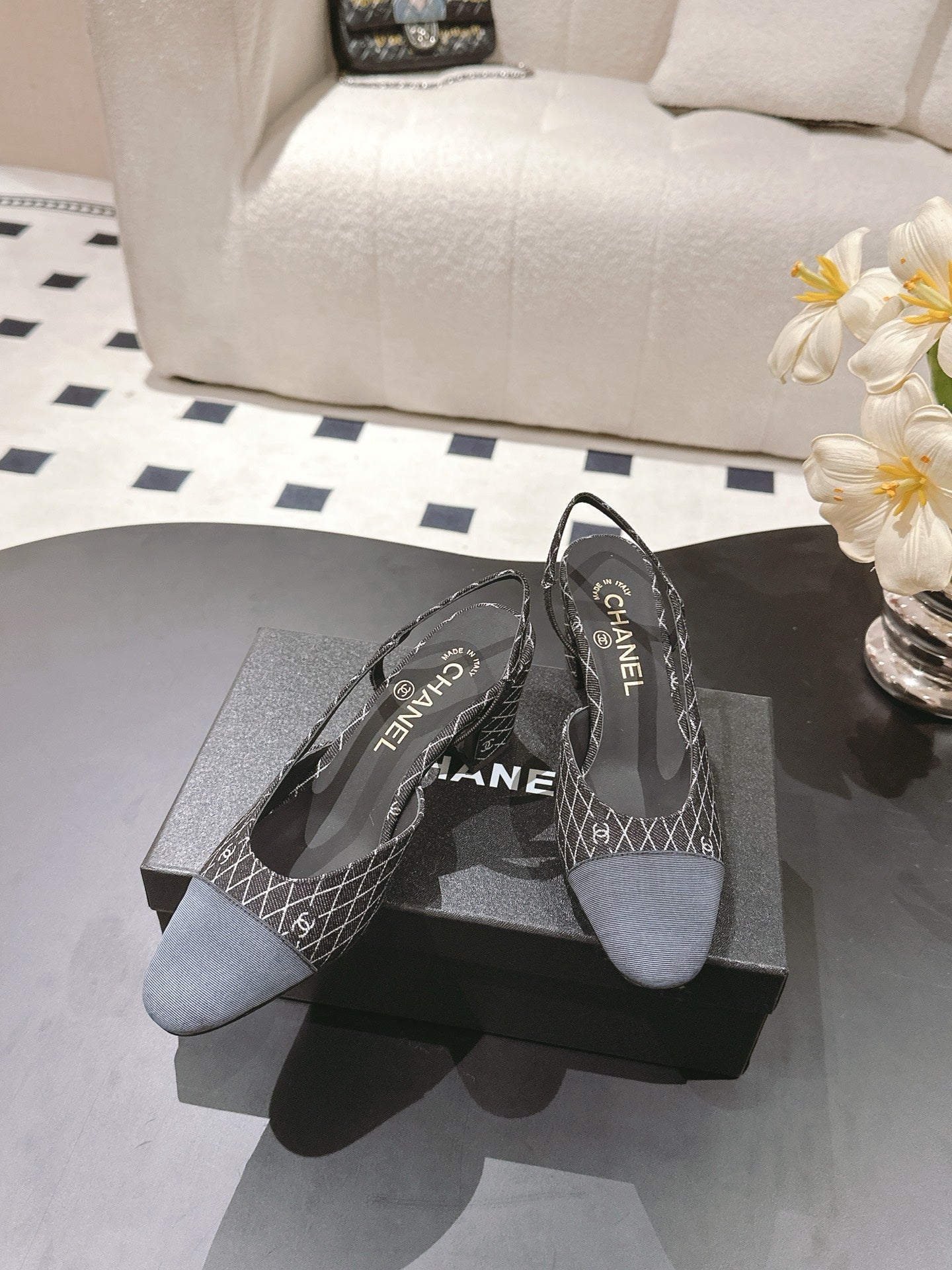 CC SLINGBACK 25S 65 MM IN BLACK DENIM WITH PLAID PATTERN - 35