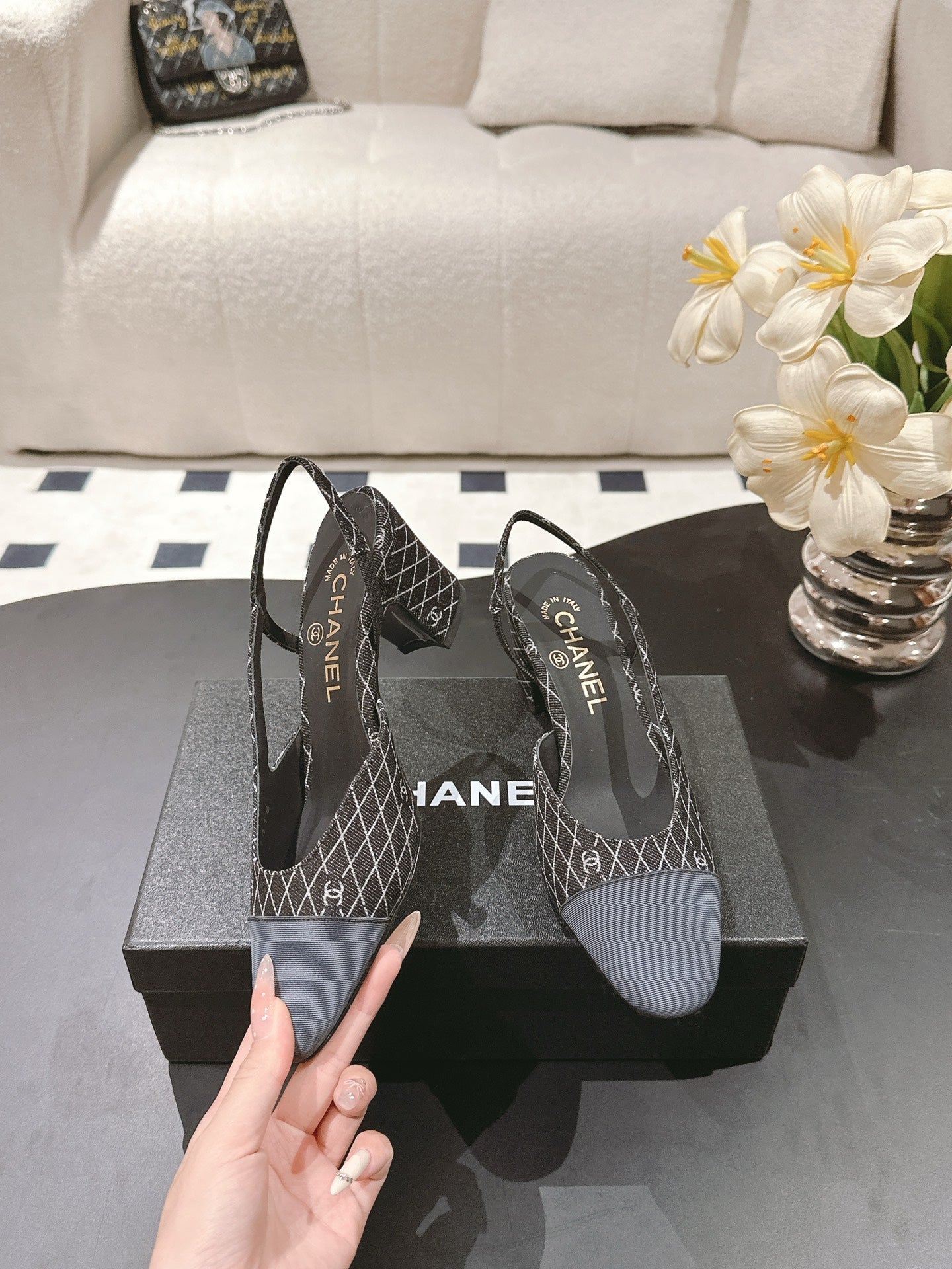 CC SLINGBACK 25S 65 MM IN BLACK DENIM WITH PLAID PATTERN - 35