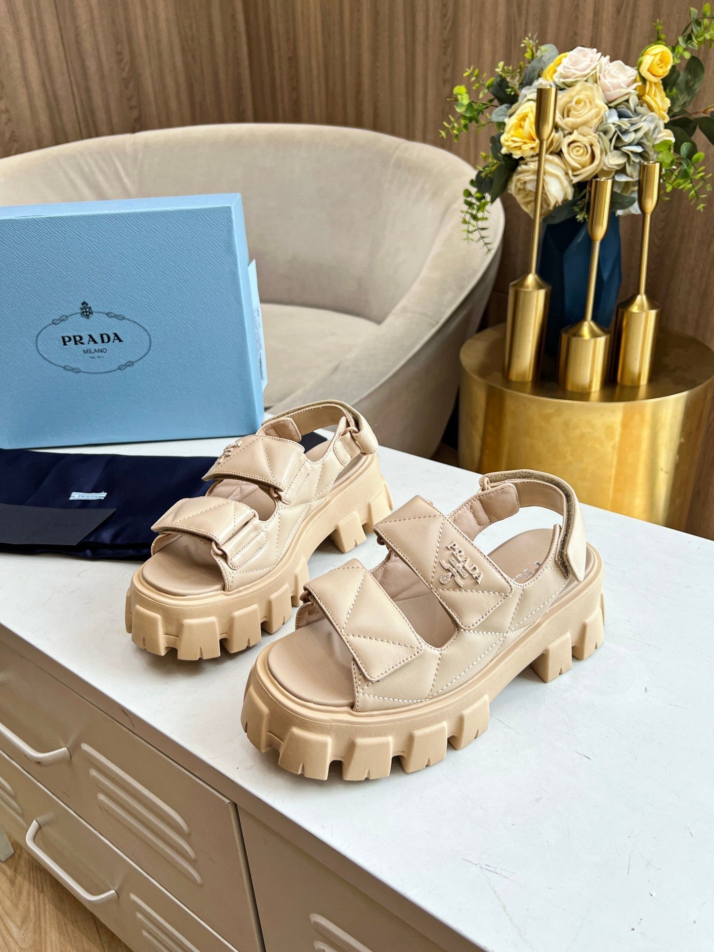 PRA MONOLITH NAPPA SANDALS BEIGE LAMBSKIN - 34