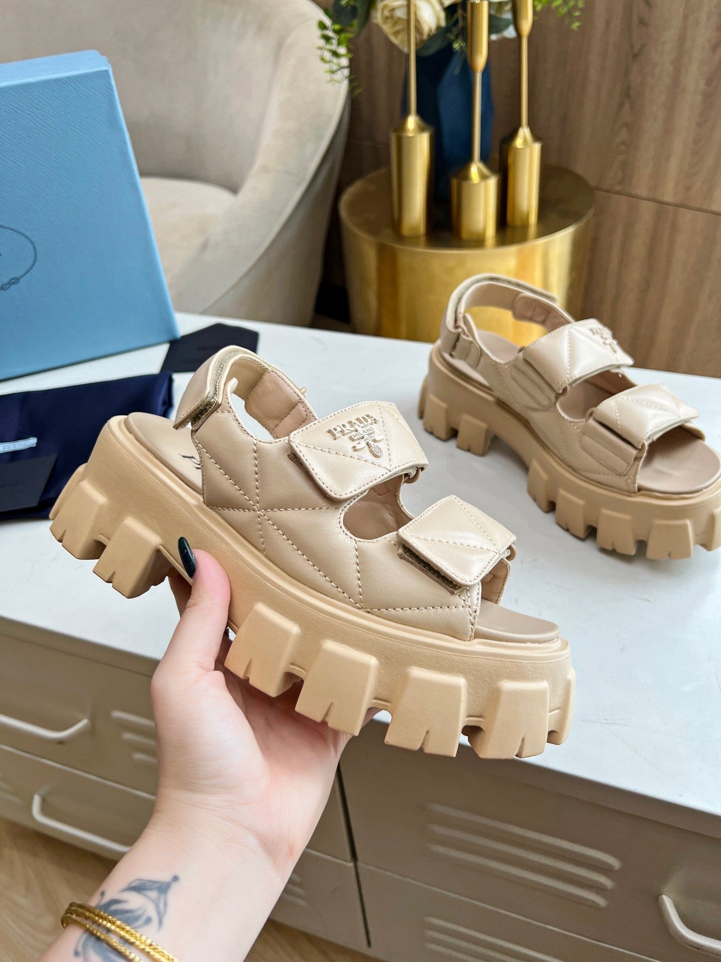 PRA MONOLITH NAPPA SANDALS BEIGE LAMBSKIN - 34